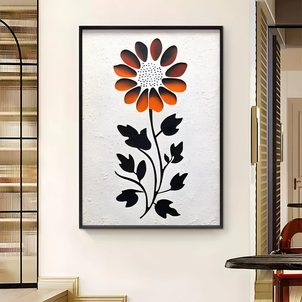 Minimalist wall art of a single orange and black flower with bold leaves on a textured white background in a modern hallway.