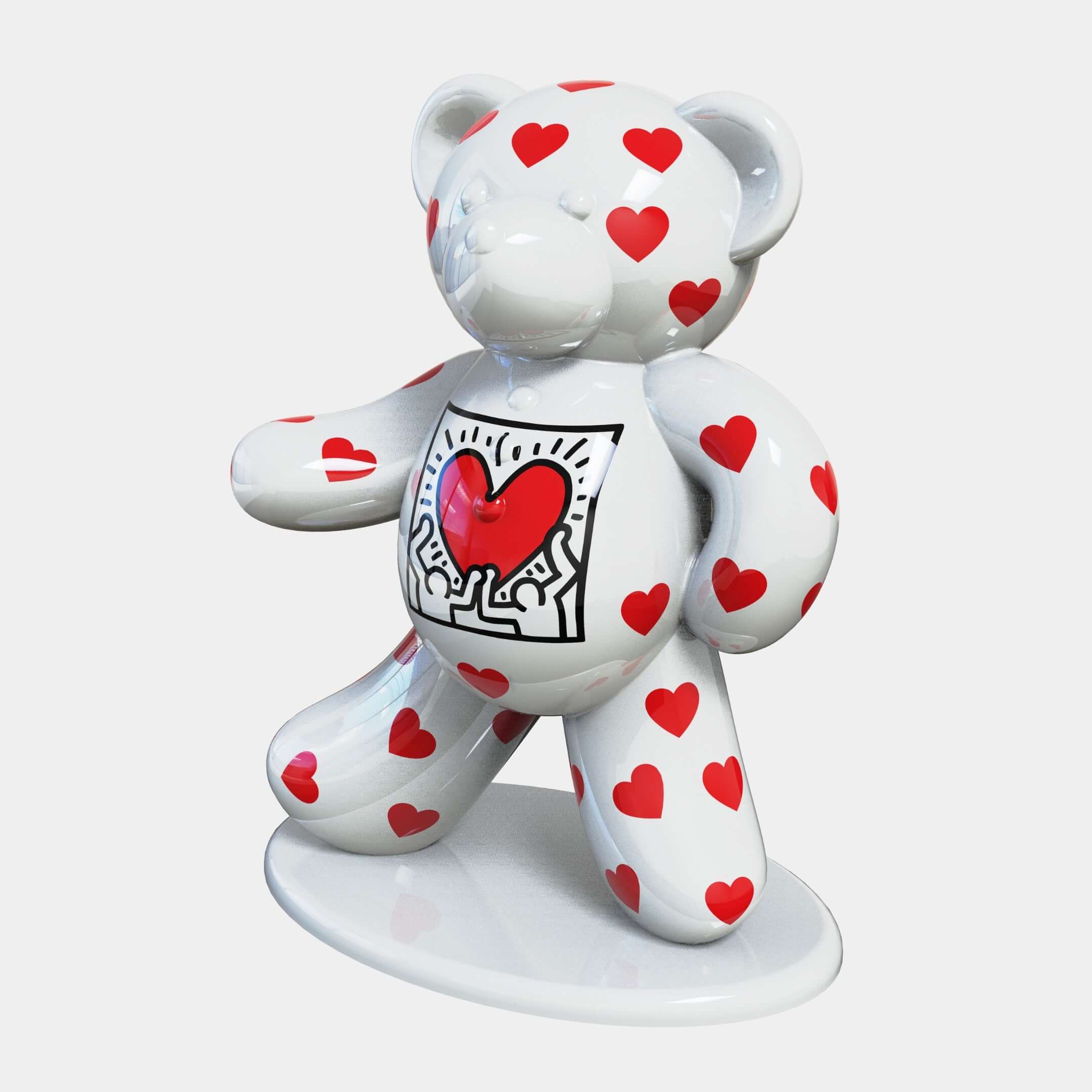 White Bear Sculpture with Hearts – A white bear sculpture covered in red hearts and a Keith Haring-inspired heart design on its belly.