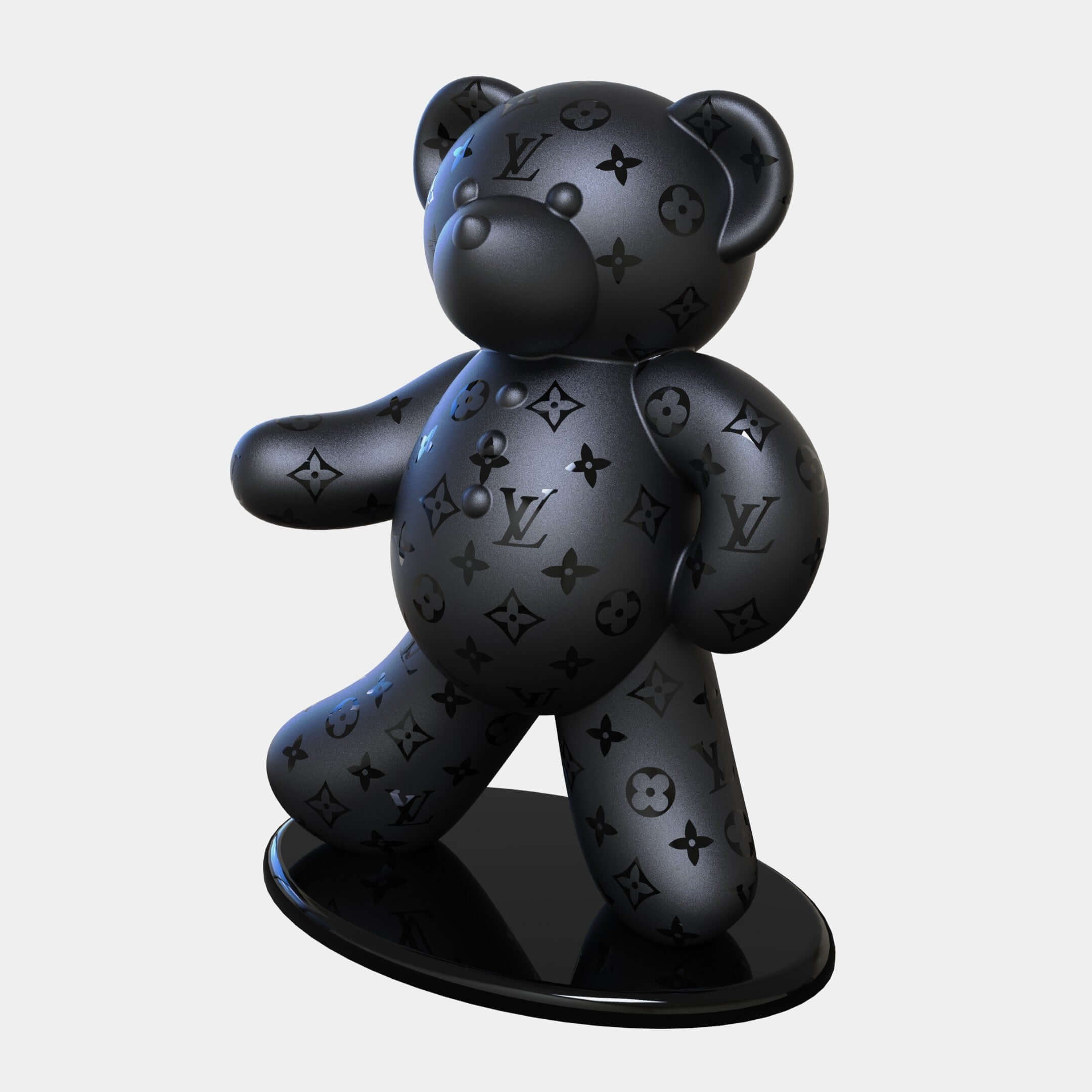 Black Designer Bear Sculpture – A luxury black bear sculpture with embossed Louis Vuitton monograms, standing on a sleek black base.