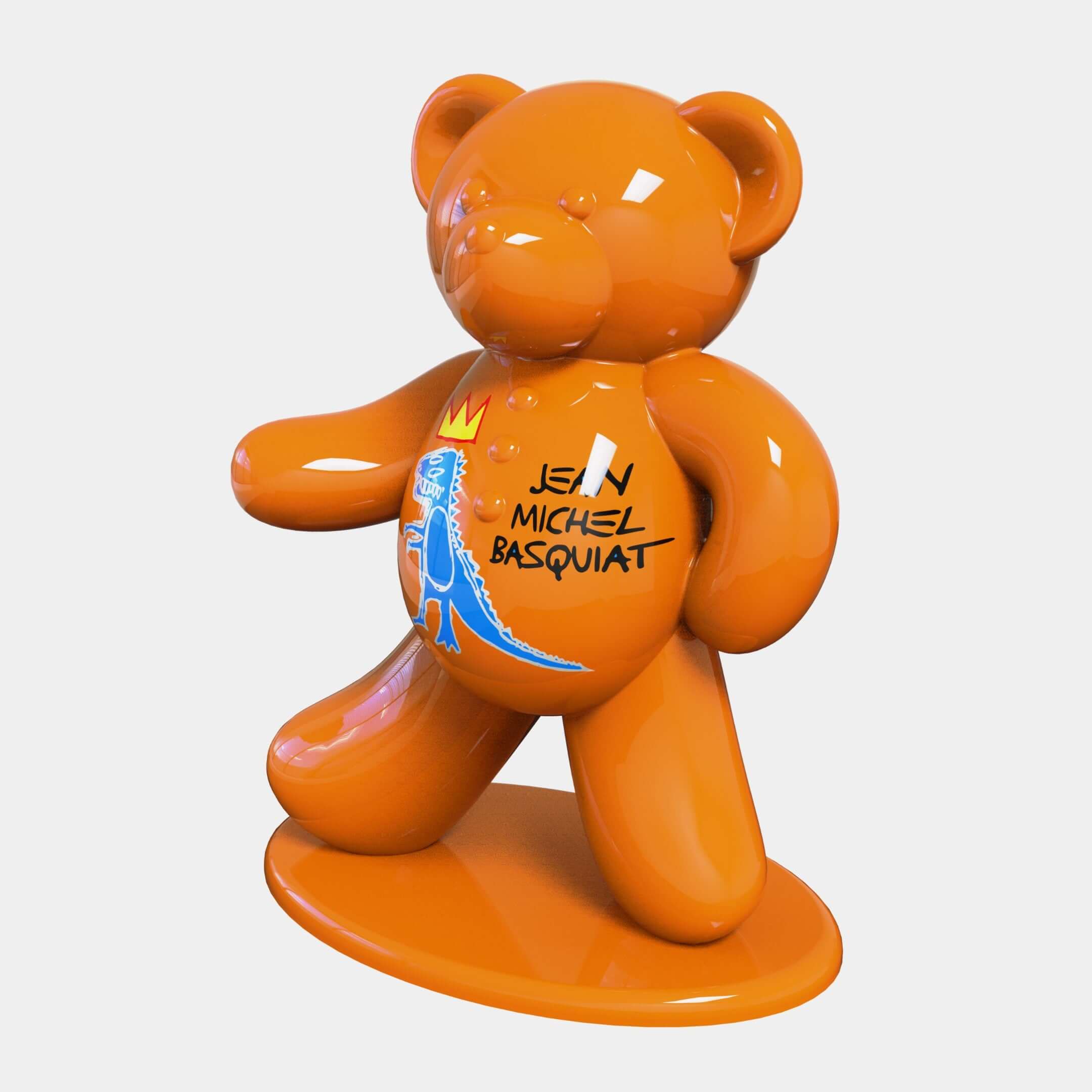 Orange Bear Sculpture with Basquiat Art – A glossy orange bear sculpture featuring Jean-Michel Basquiat's graffiti-style artwork.