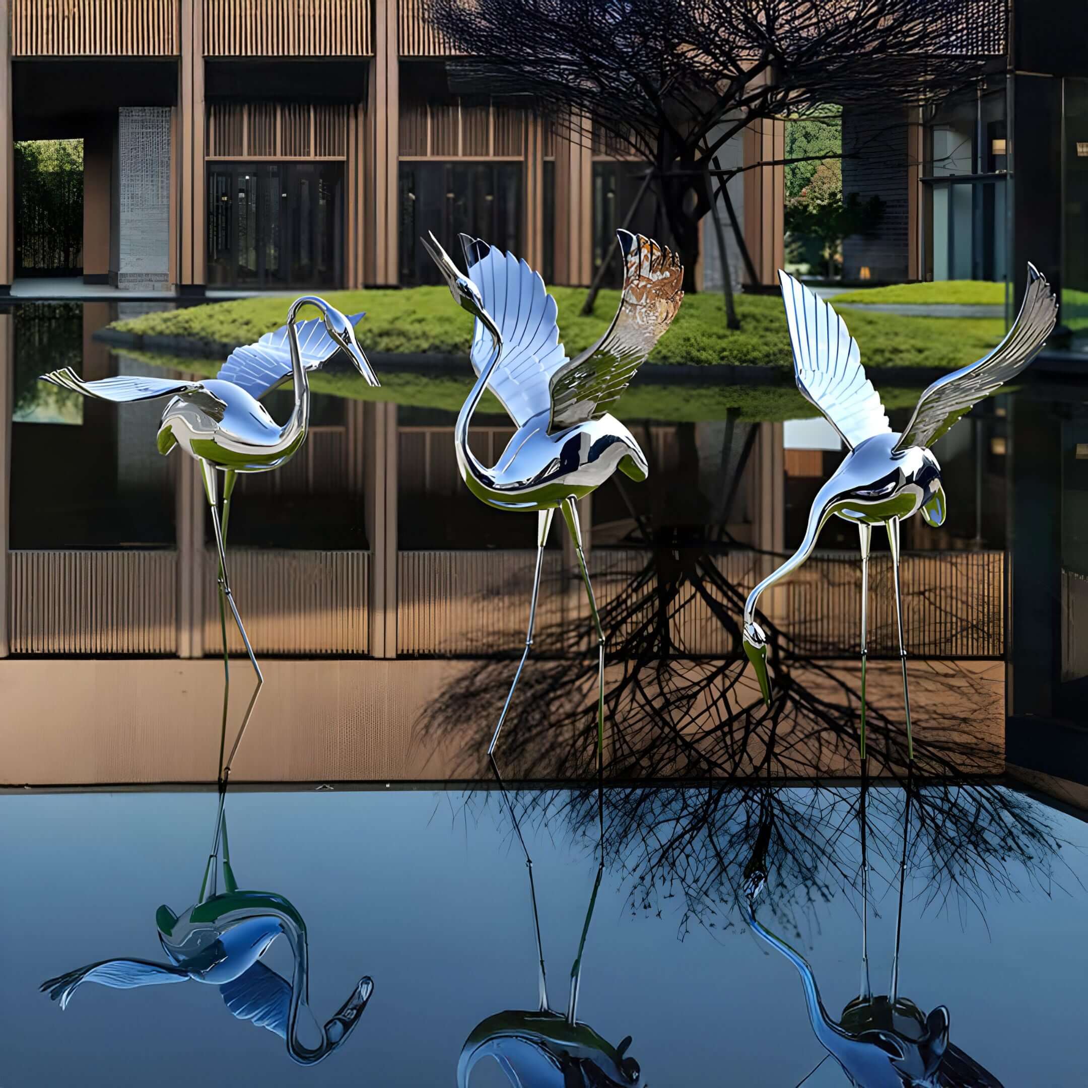Metallic crane bird sculptures displayed in a pond