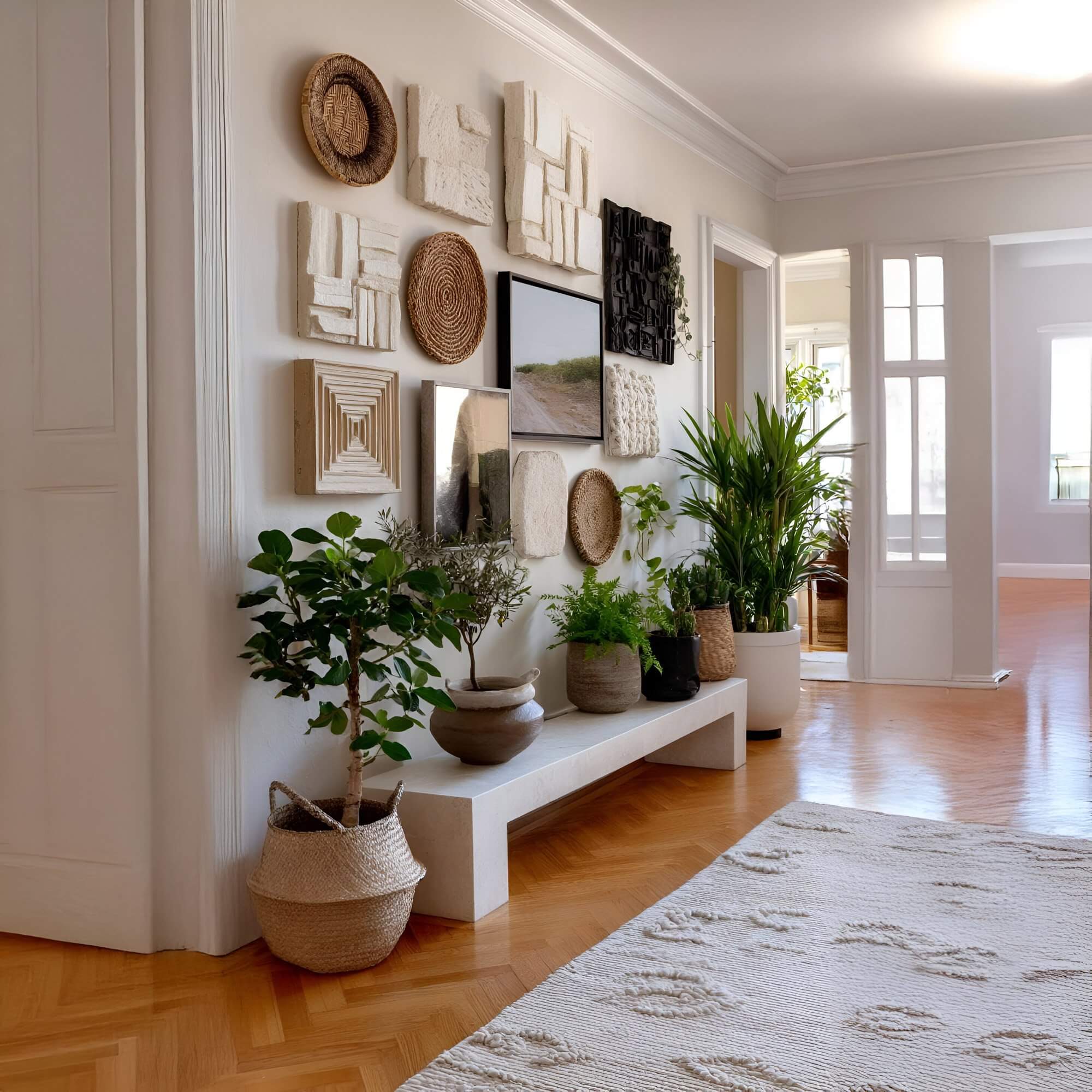 A stylish hallway gallery wall featuring a mix of textured and woven wall art panels, geometric reliefs, and natural baskets surrounded by indoor plants for an earthy, modern look.