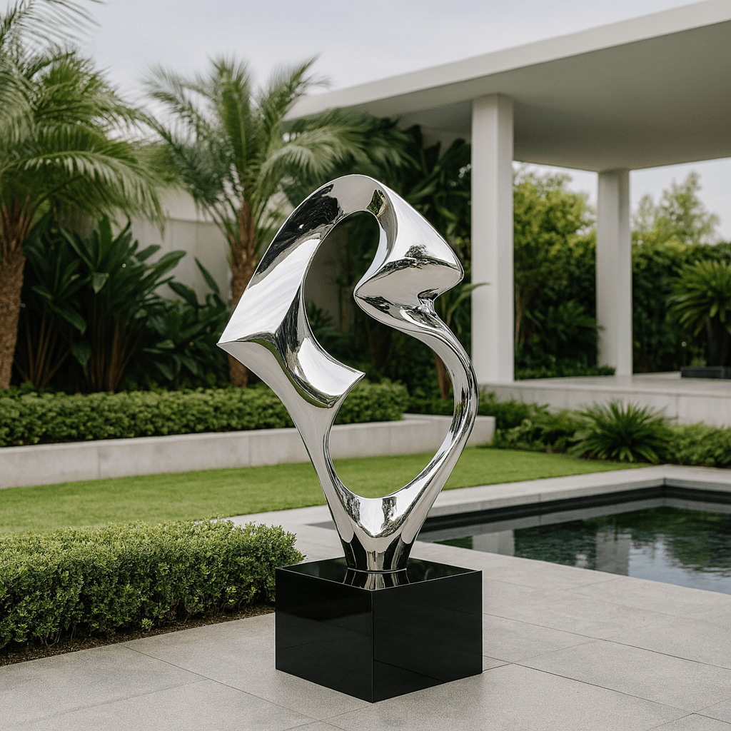 Flow III Silver Organic Steel Sculpture – Modern abstract outdoor garden art in polished stainless steel with fluid organic curves on a black base.