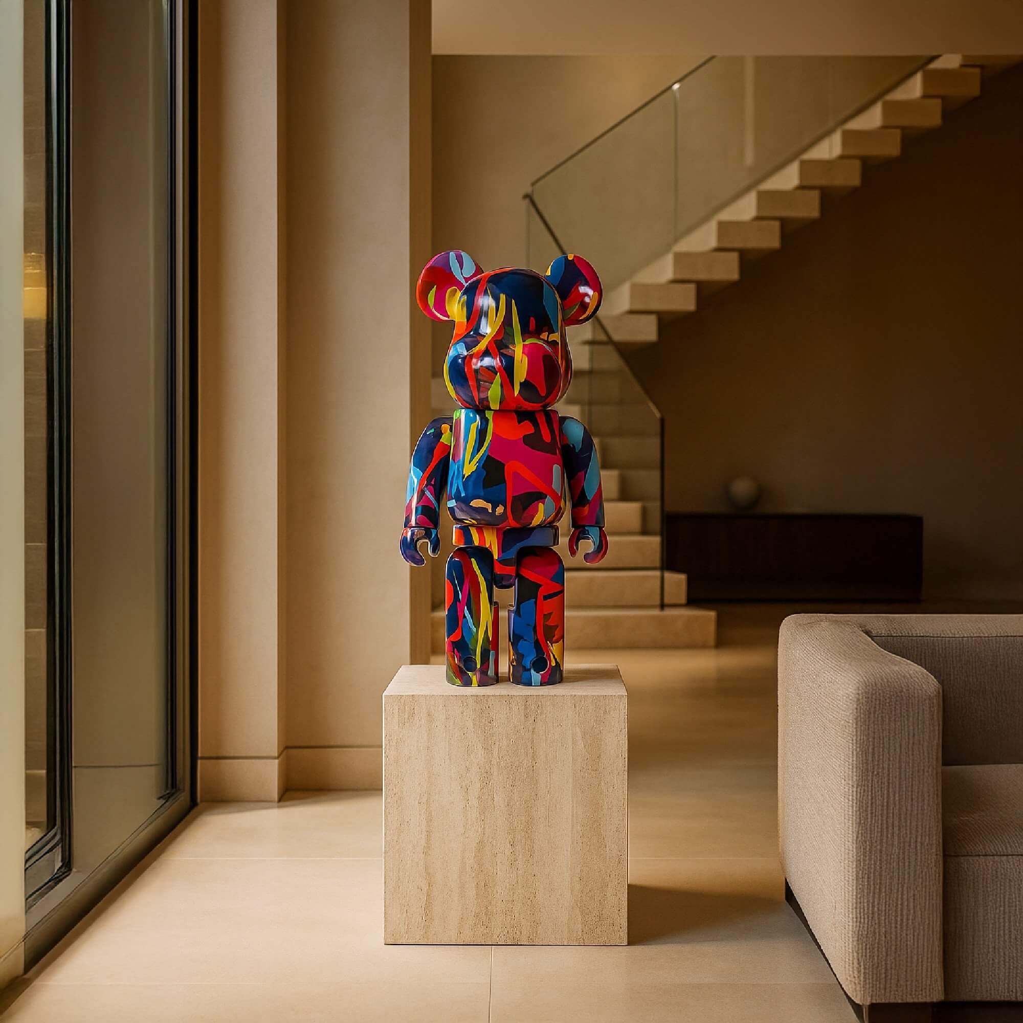 Colourful 70cm bear sculpture with bold neon graffiti-style patterns in red, blue, yellow, and green, displayed on a stone pedestal in a modern interior with neutral tones.