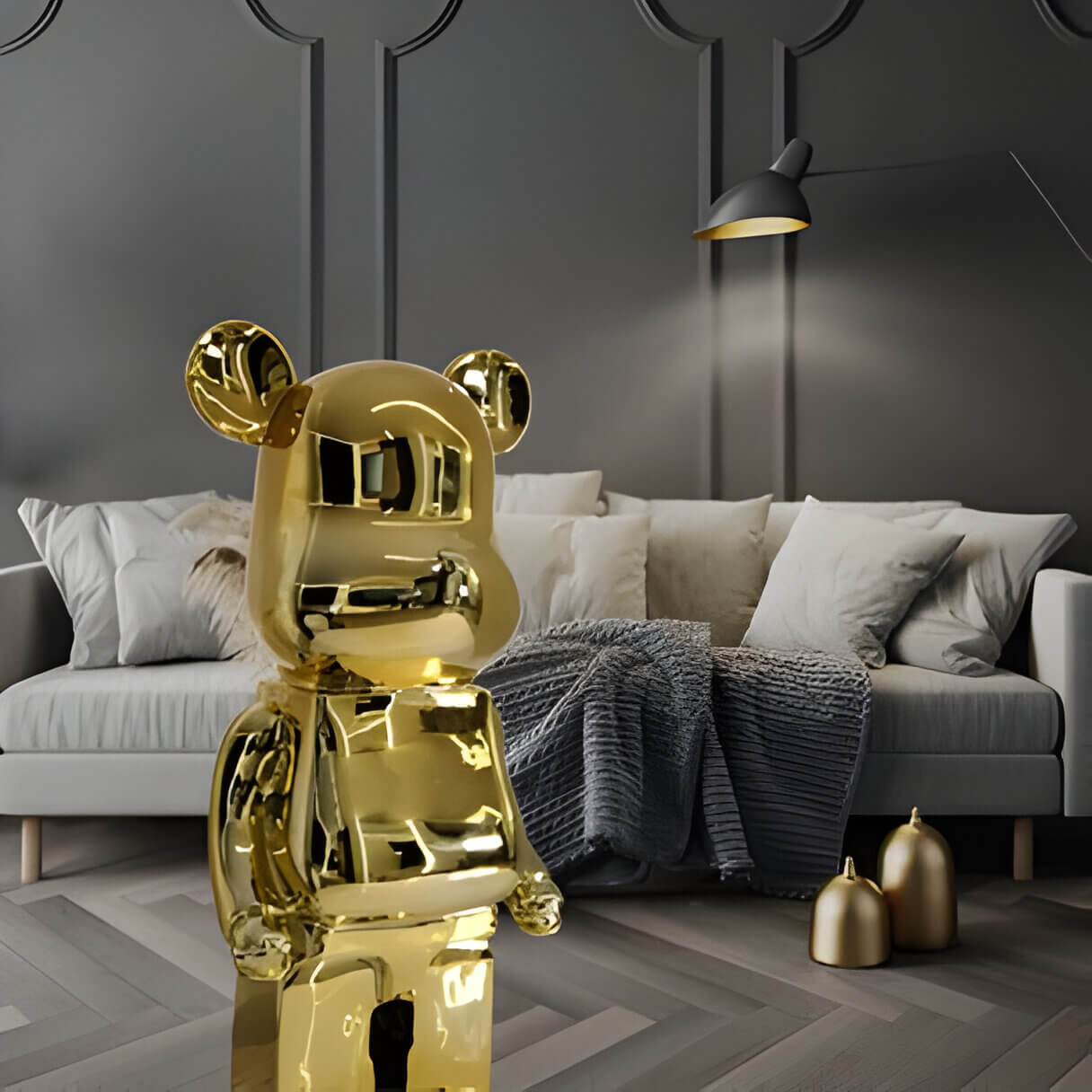a dark home interior with a gold giant bear sculpture