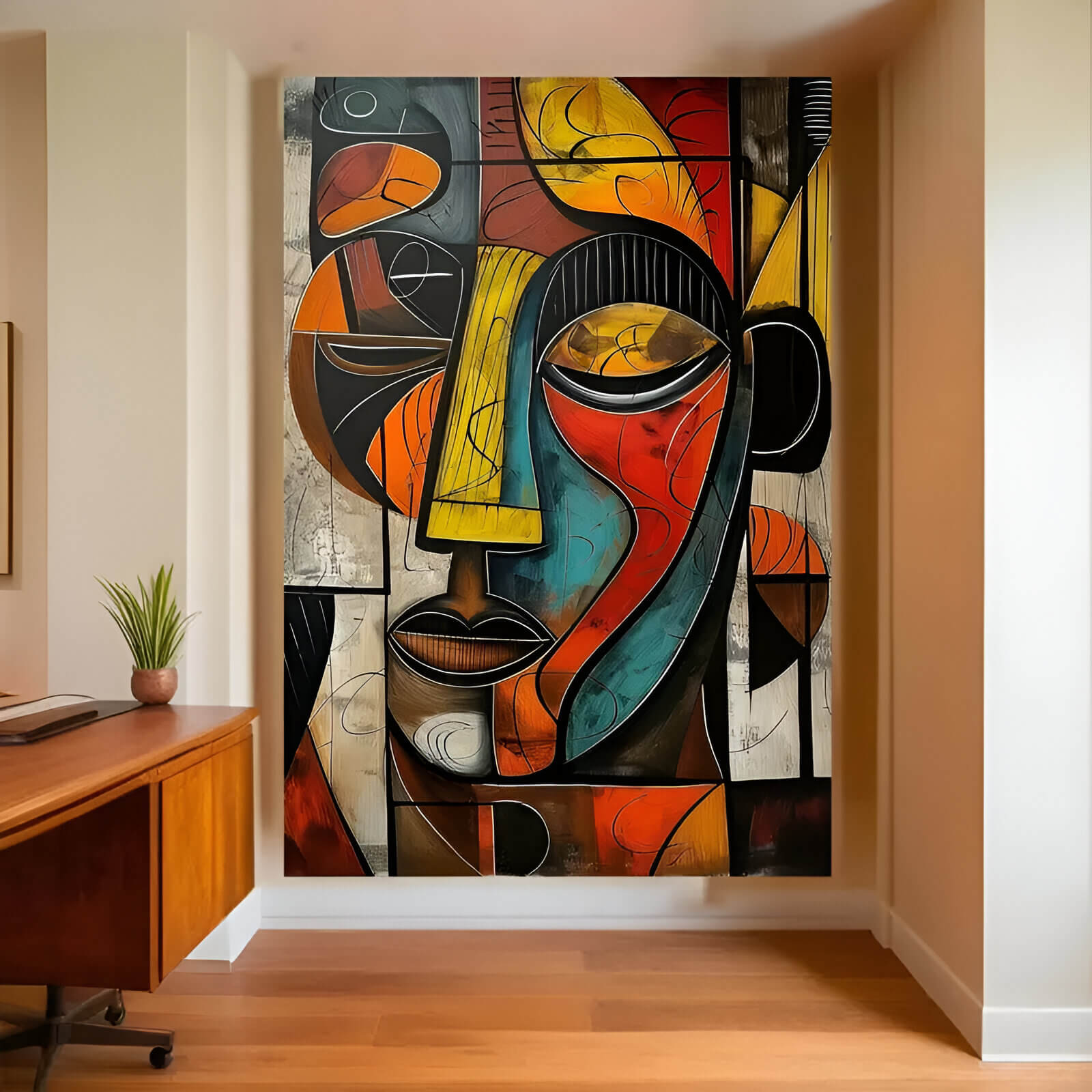 Large abstract cubist painting of a human face in bold geometric shapes and vibrant colors including yellow, red, teal, and black, displayed in a modern home office.