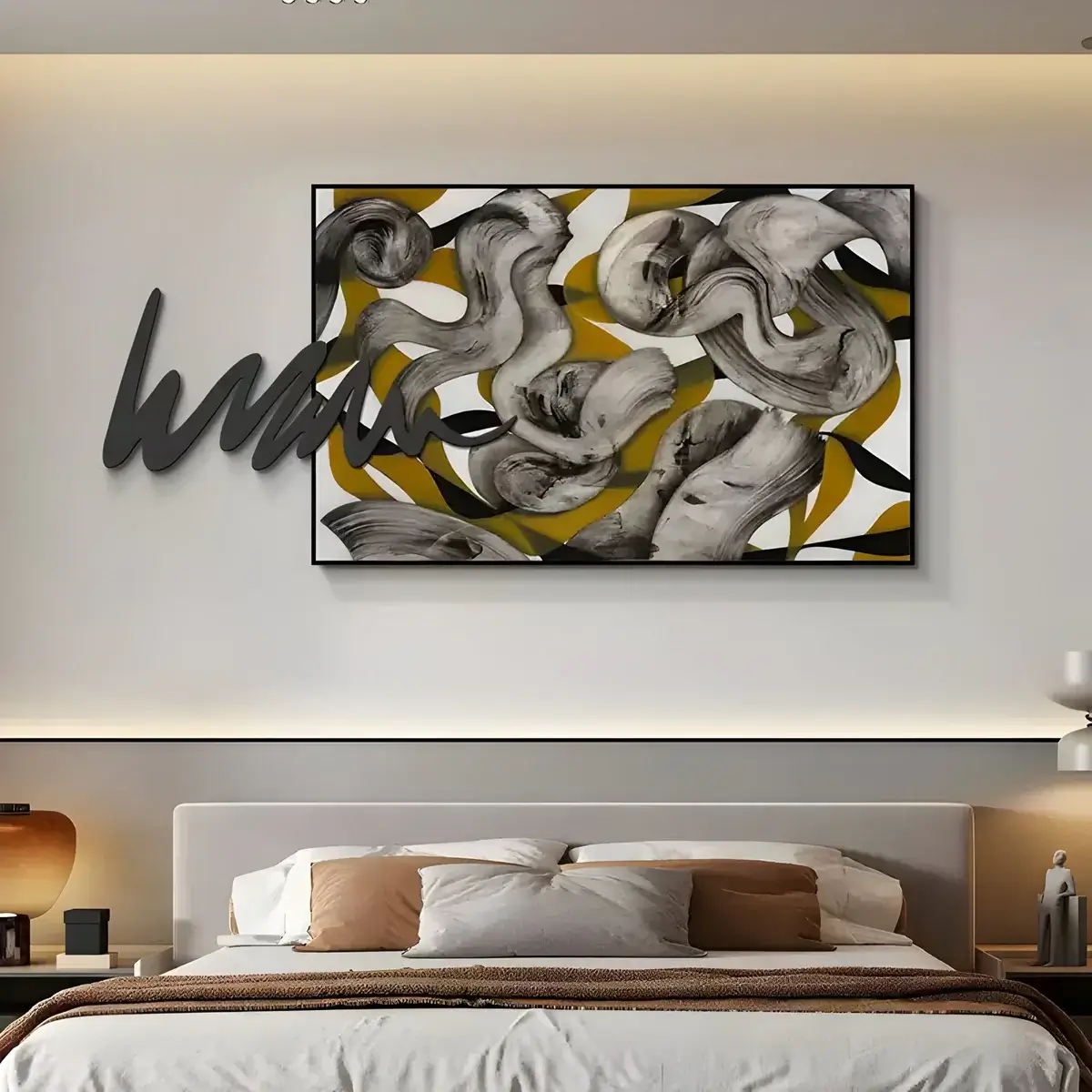 A modern bedroom featuring a dynamic abstract wall art piece with black, white, and gold brushstrokes, adding visual interest above the bed.