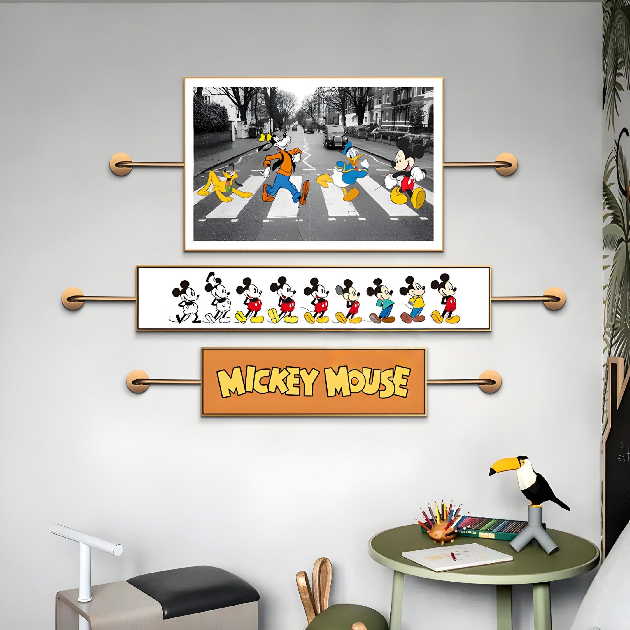 Mickey Mouse kids room art featuring colorful cartoon prints and characters displayed on a playful modern wall setup.