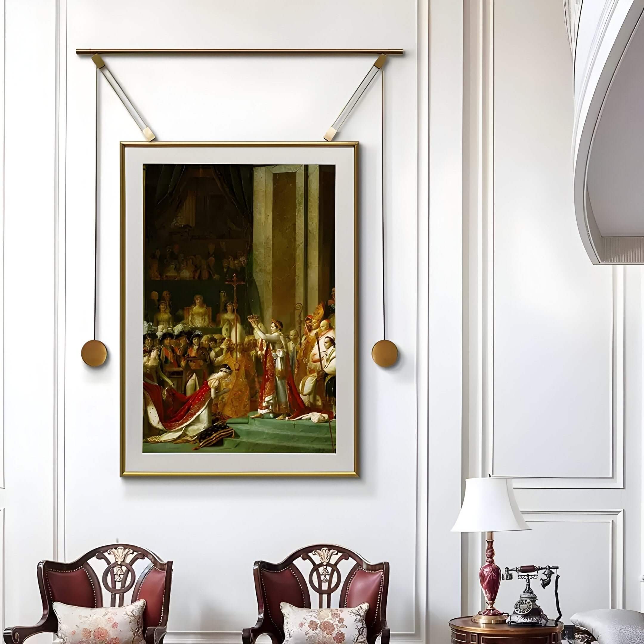 Luxurious living room with classical framed painting, vintage chairs, and traditional decor.