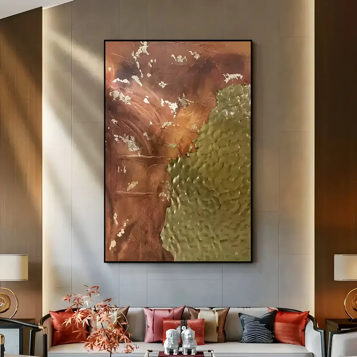A luxurious living room with a large abstract painting in earthy tones of rust and olive green, framed by elegant furnishings and accent lighting.