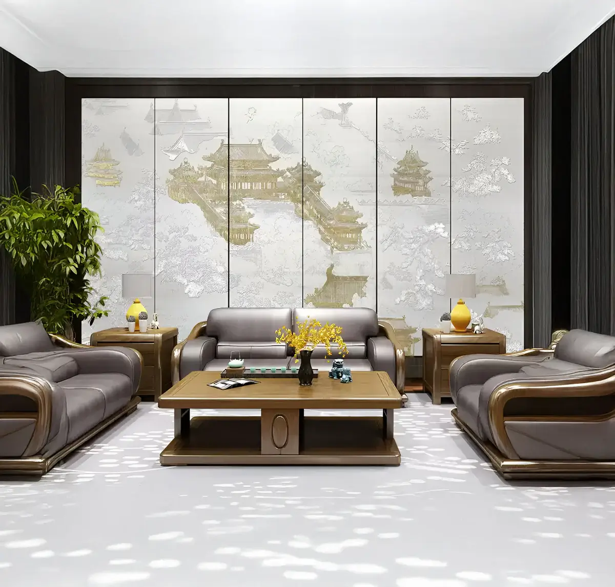 A traditional-style living room featuring a large, intricate wall art piece with Asian-inspired landscapes and architecture, displayed above a wooden coffee table in a luxurious seating area with leather armchairs and a plush sofa.