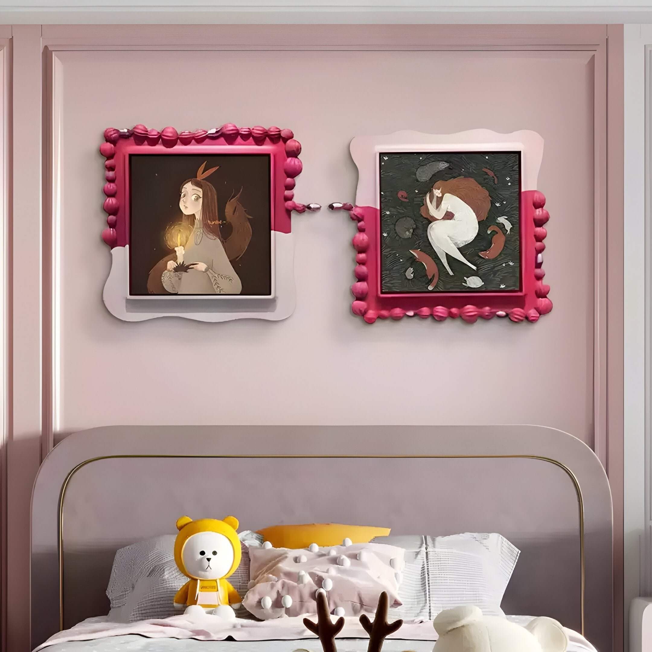 Two framed Giant Sculptures prints hang above a bed on a pink wall: one shows Fabula Girl with a candle, the other is the Fabula Girl with Fox Circle Anime Wood Relief 3D Wall Art. A plush bear and an antler pillow rest on the bed.