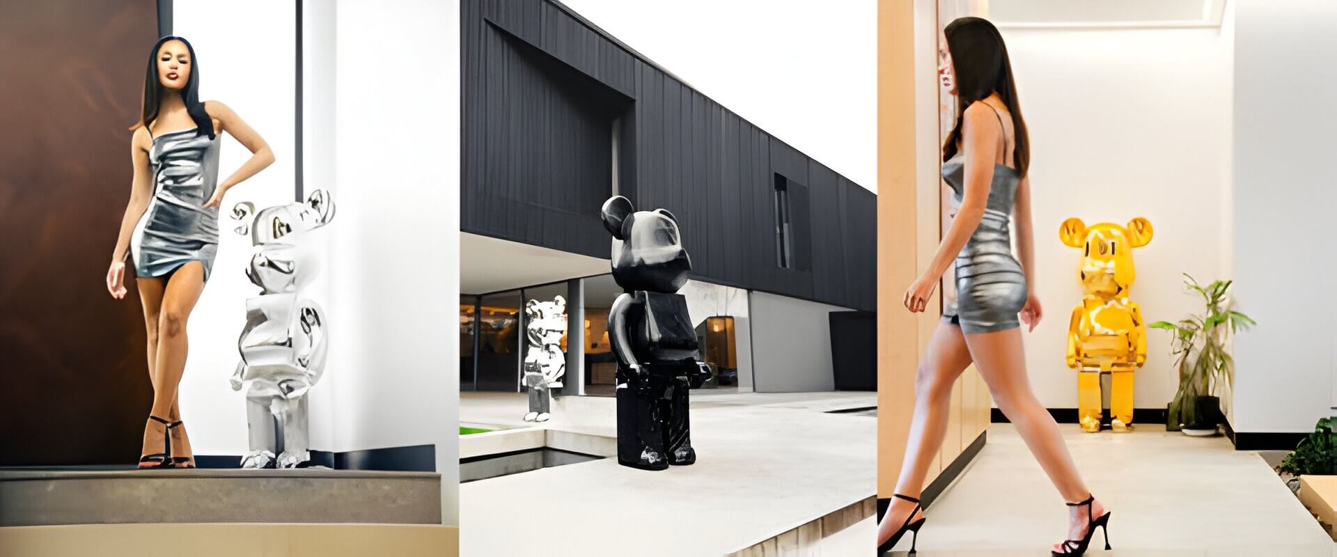 3 photographs of luxury giant bear sculptures inside and outside a modern, minimal home