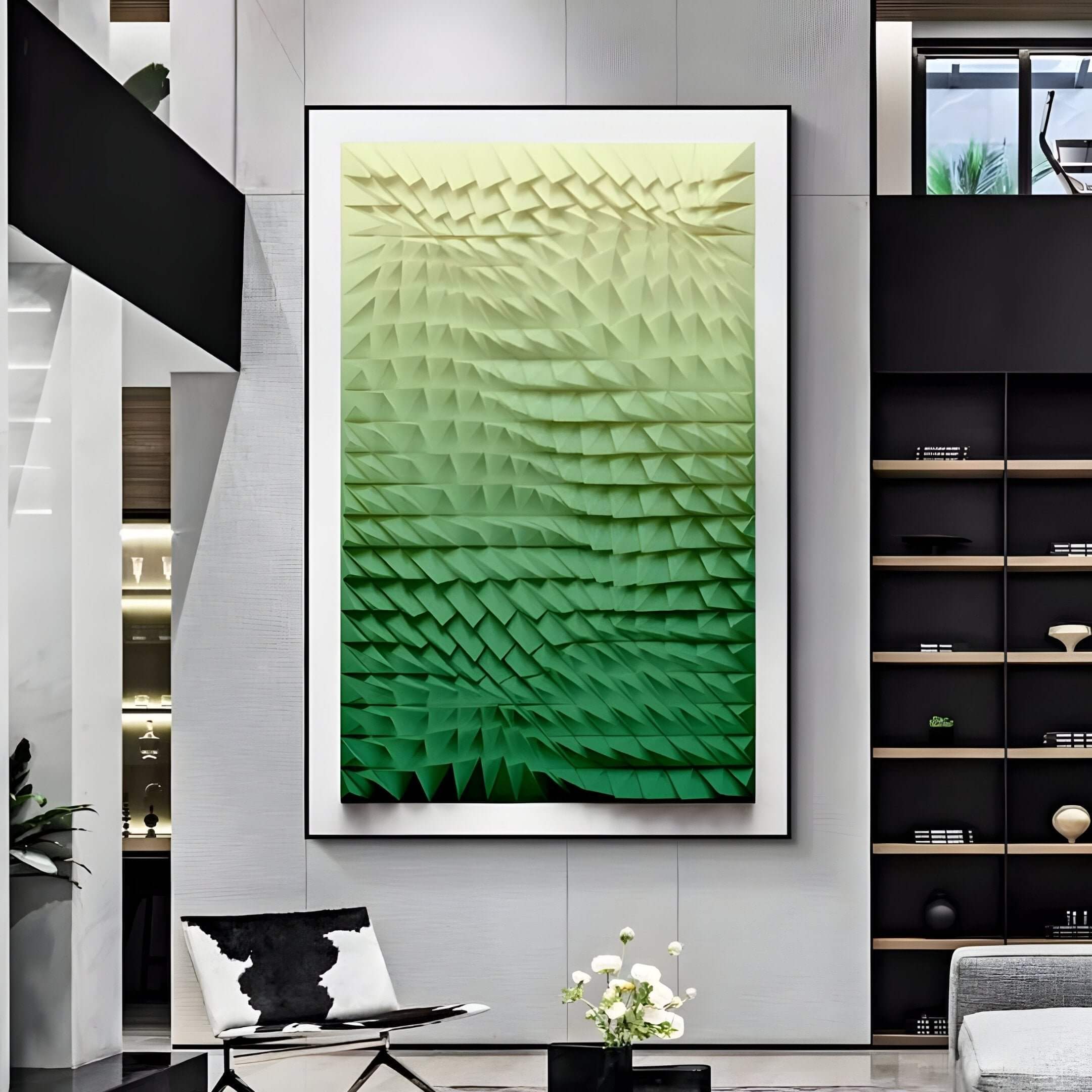 A modern living room features a striking Elorium Green Gradient Hand-Painted Wood Relief 3D Wall Art by Giant Sculptures, boasting a textured triangular pattern. The minimalist decor includes a black-and-white chair, small table, and shelves with books and decor items for an elegant touch.