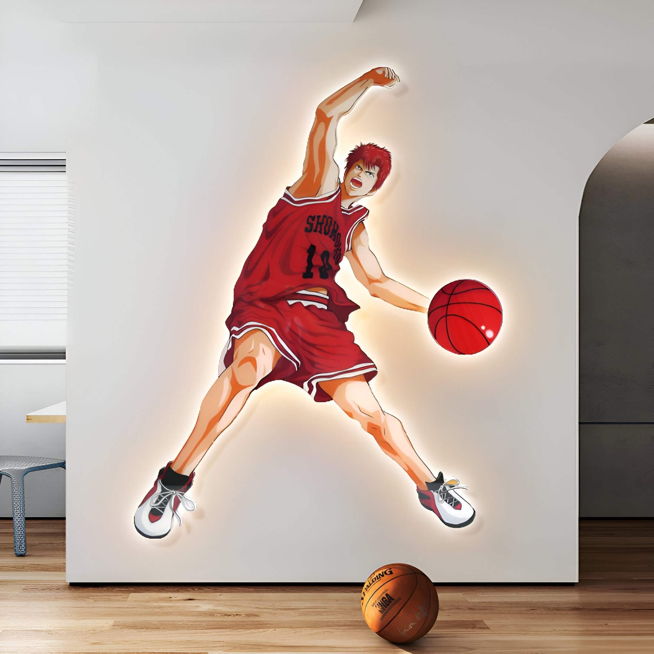 Energetic wall art of a red basketball player mid-dunk, bringing sporty excitement to a youth bedroom.