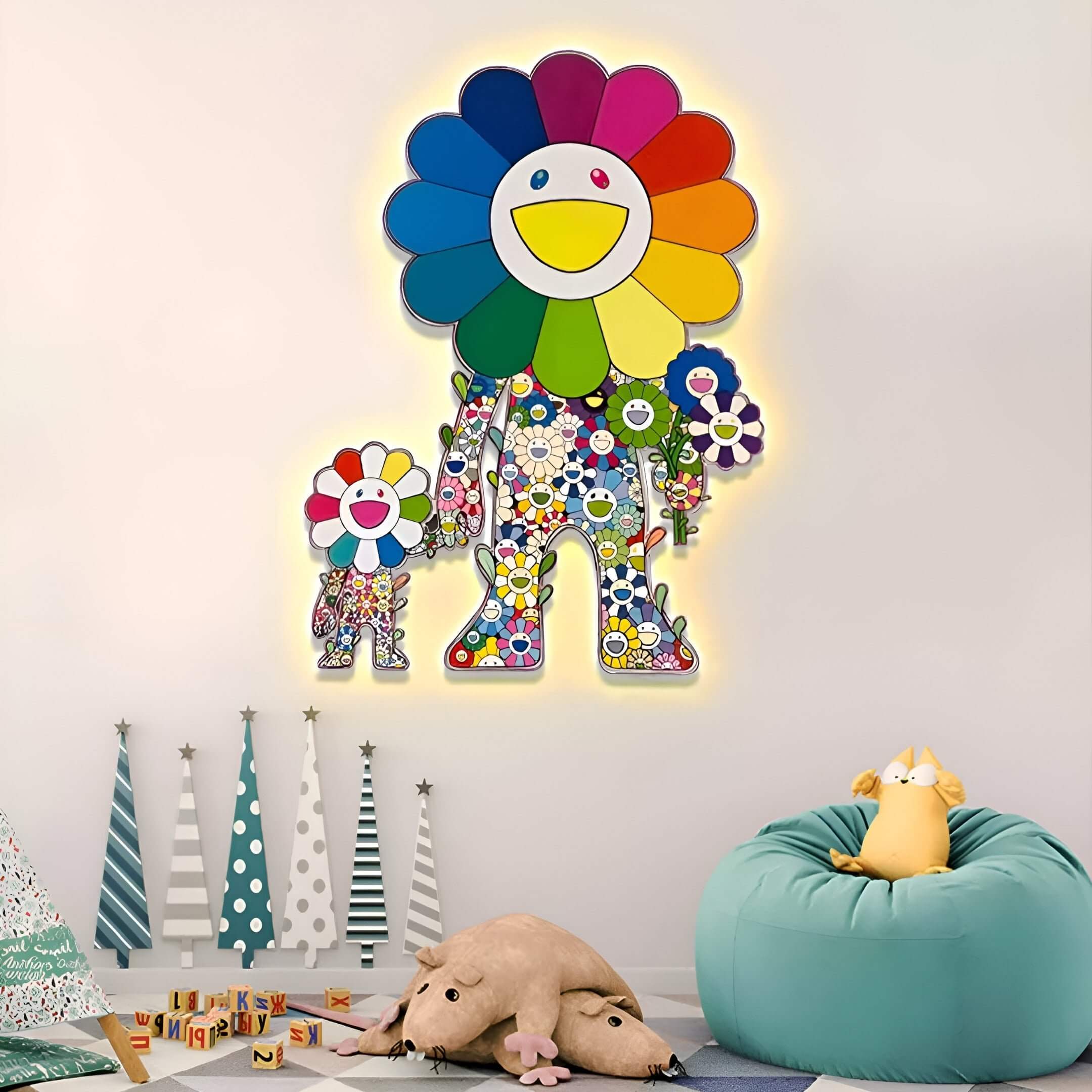 Vibrant kids room art featuring colorful floral lions glowing on the wall, creating a joyful playroom vibe.