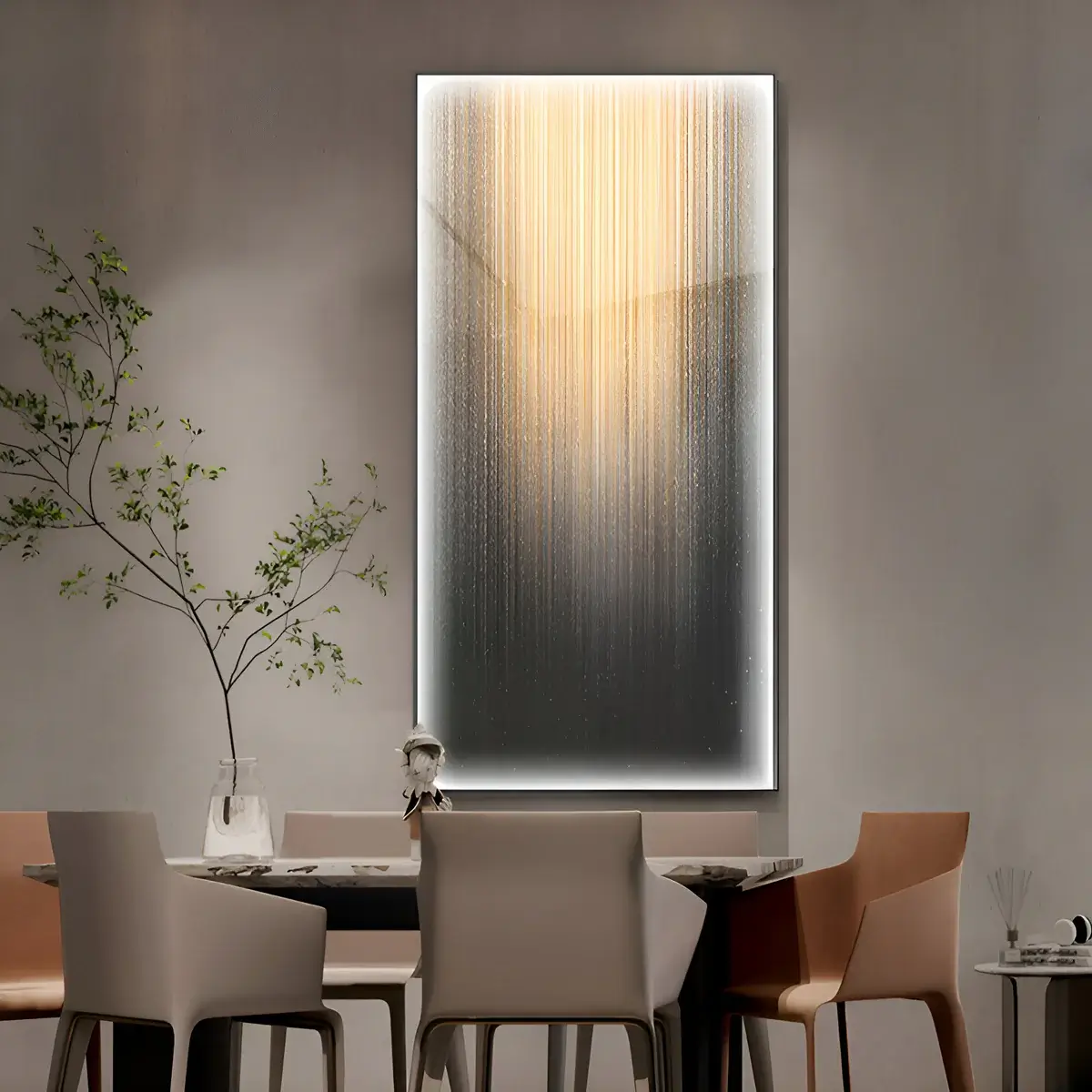 A contemporary dining space with a vertically hanging abstract artwork emitting a soft golden glow, creating a sophisticated ambiance.
