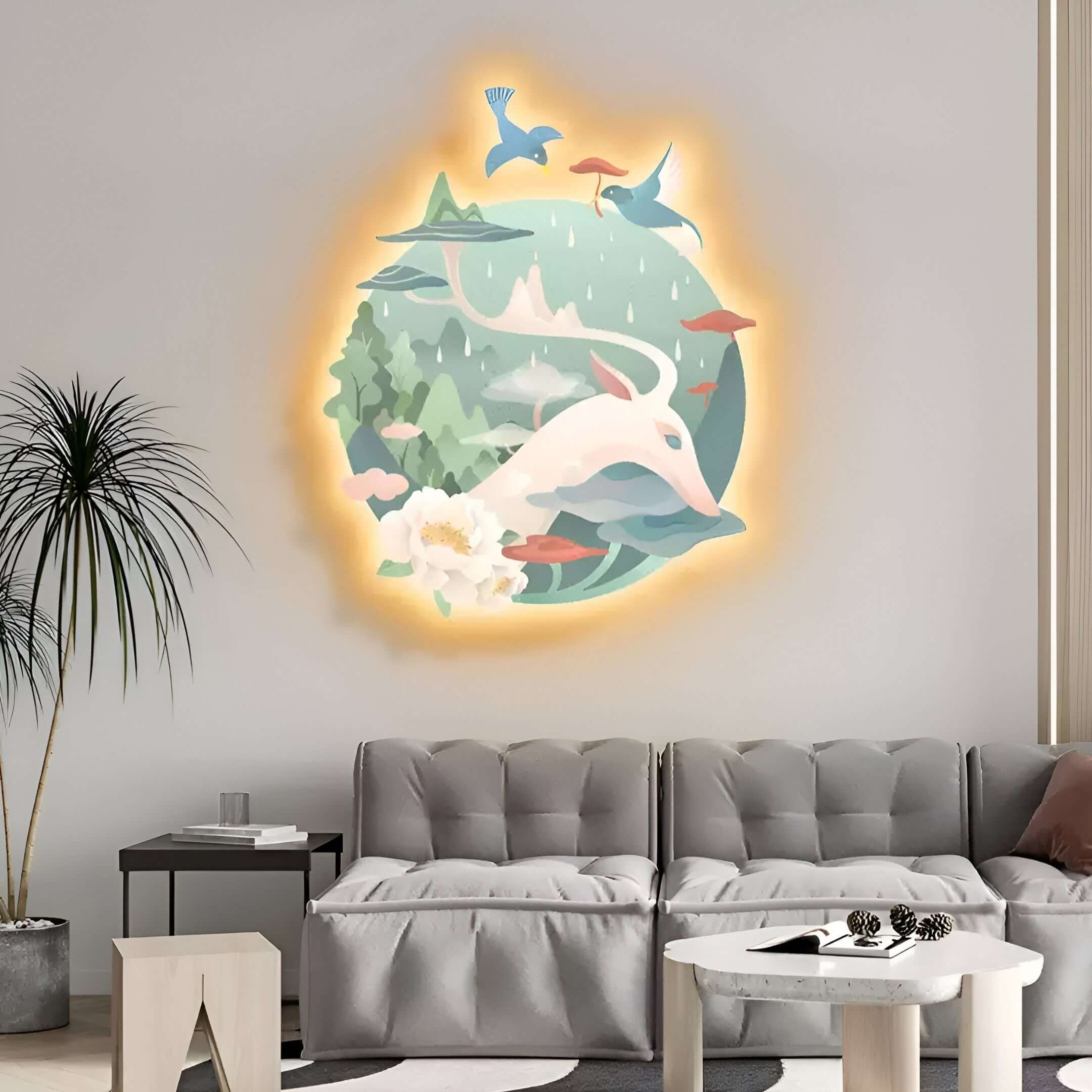 Modern living space with a glowing fantasy-themed wall art of a deer and birds.