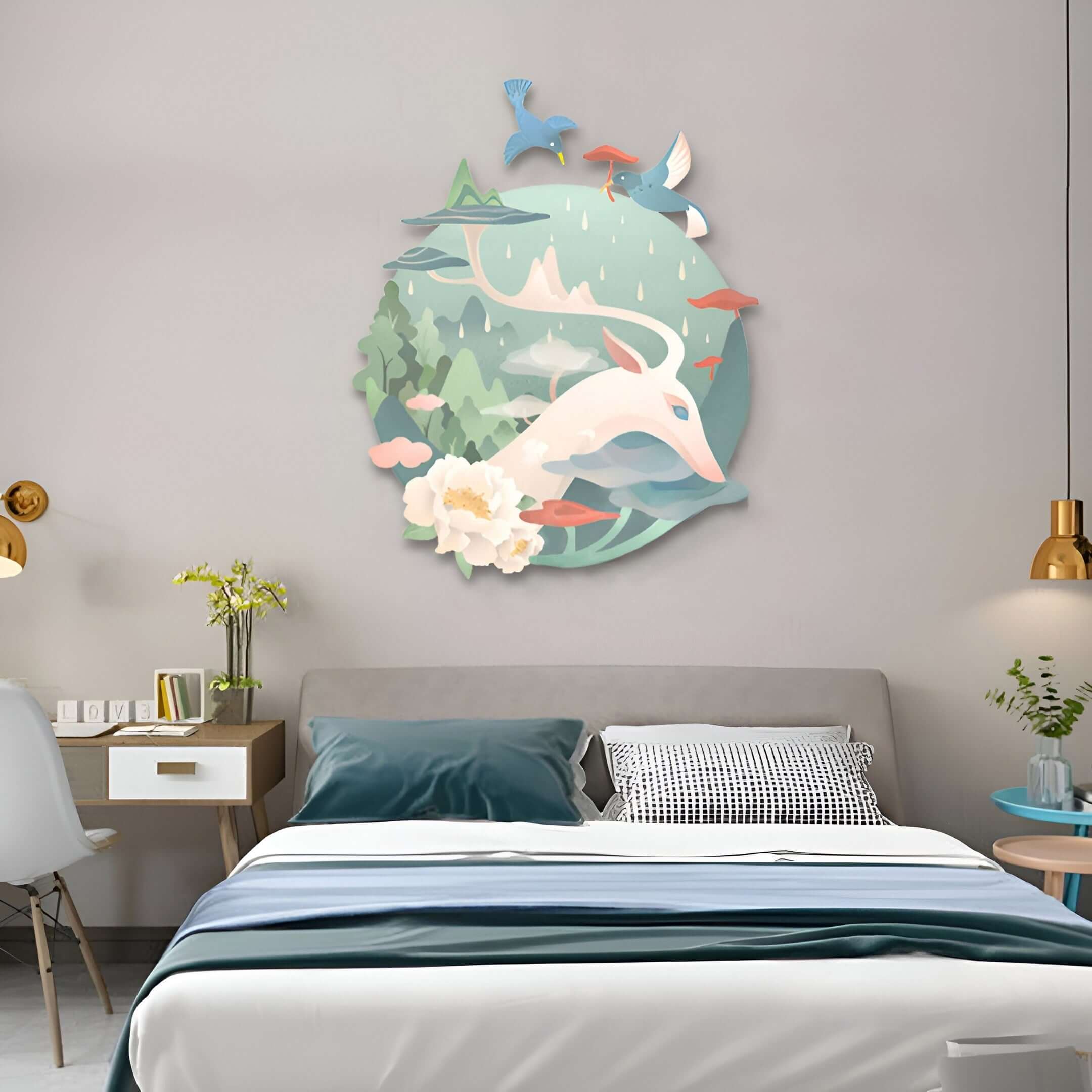 Playful 3D wall decor of a deer with flowers and birds above a soft, pastel-themed children's bed.