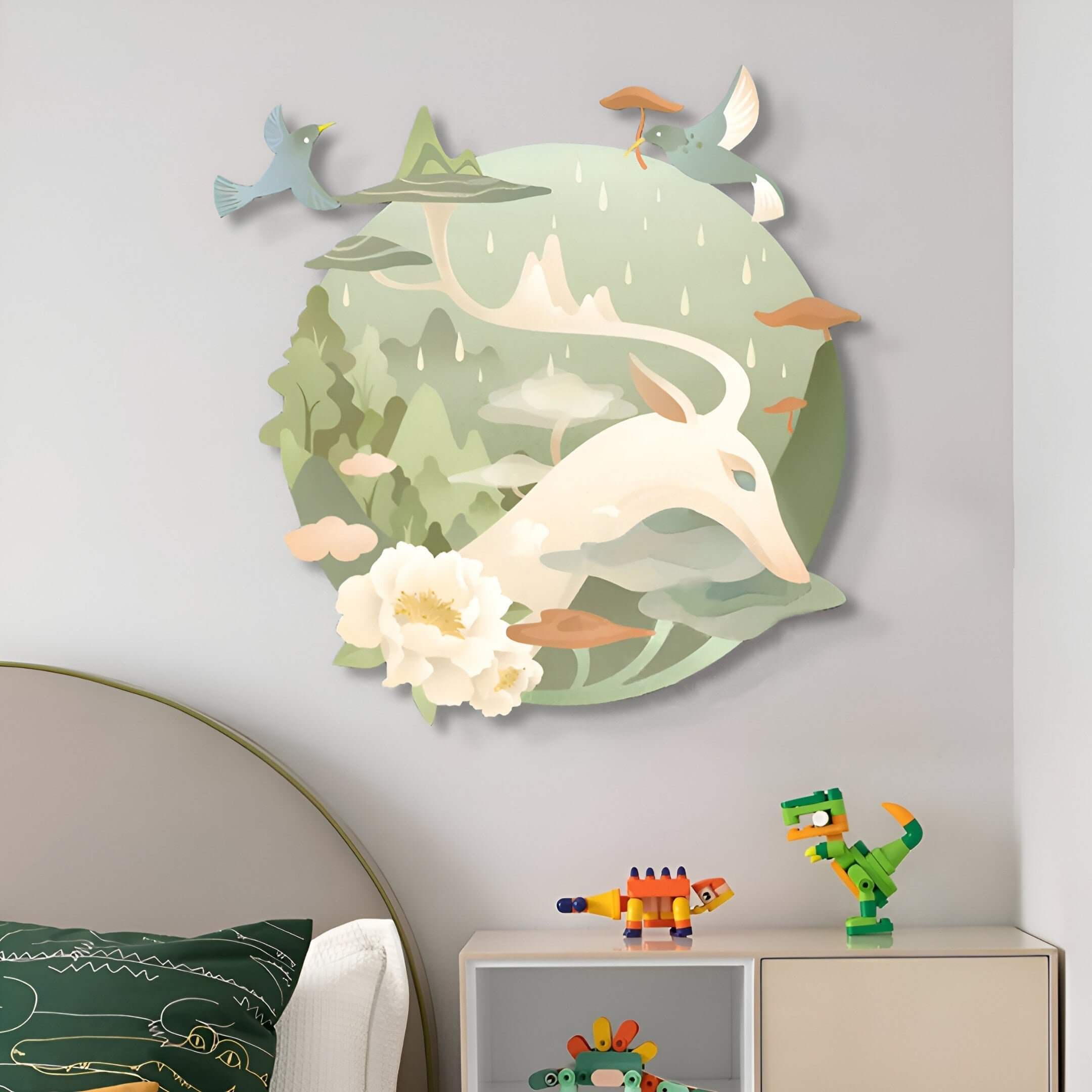 Soft pastel kids’ bedroom with serene nature wall art of a white deer, birds, and flowers.