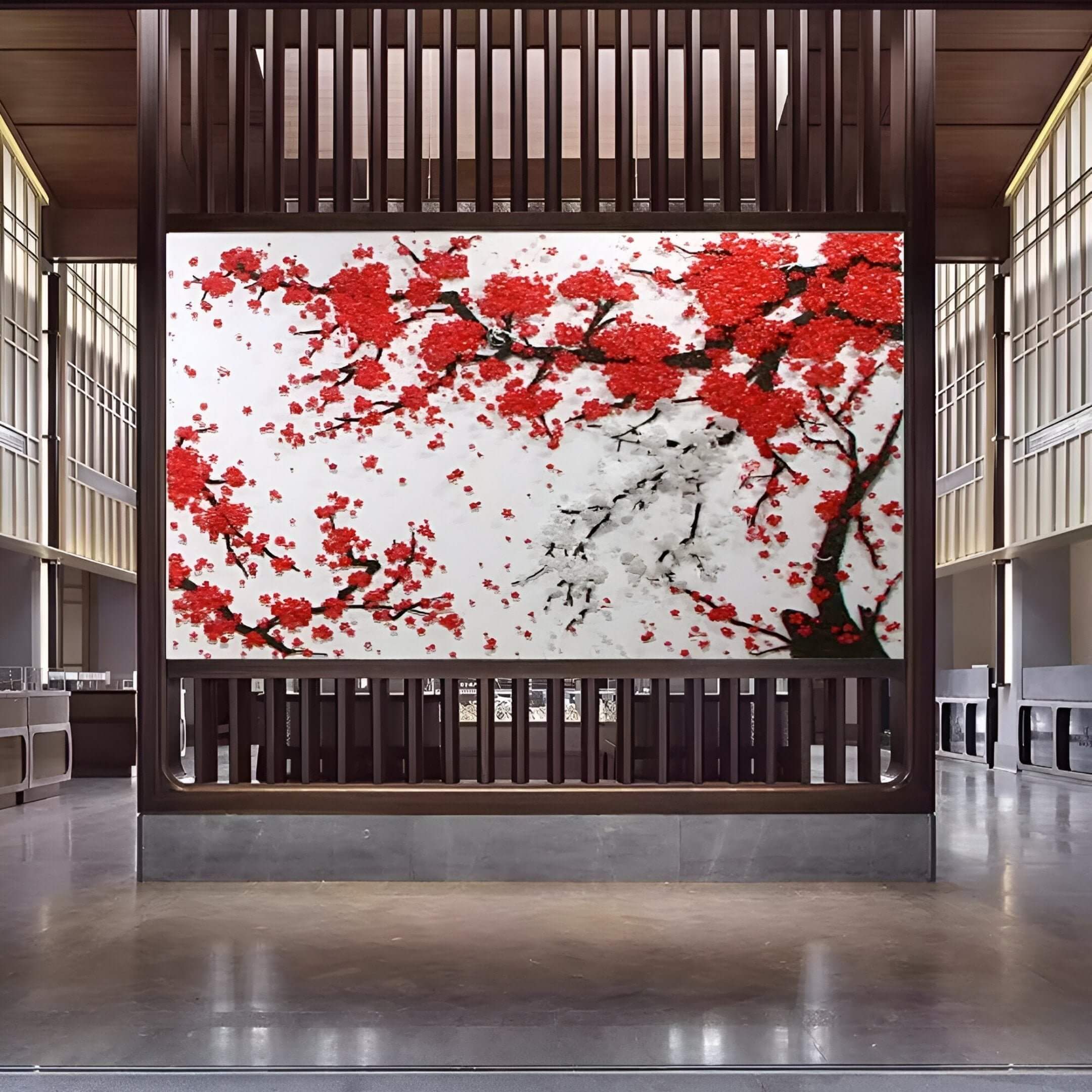 A striking Blossom 3D Button Wall Art installation featuring vibrant red floral branches crafted from button-like textures on a white background, displayed in a contemporary gallery-style interior with warm wood panelling.