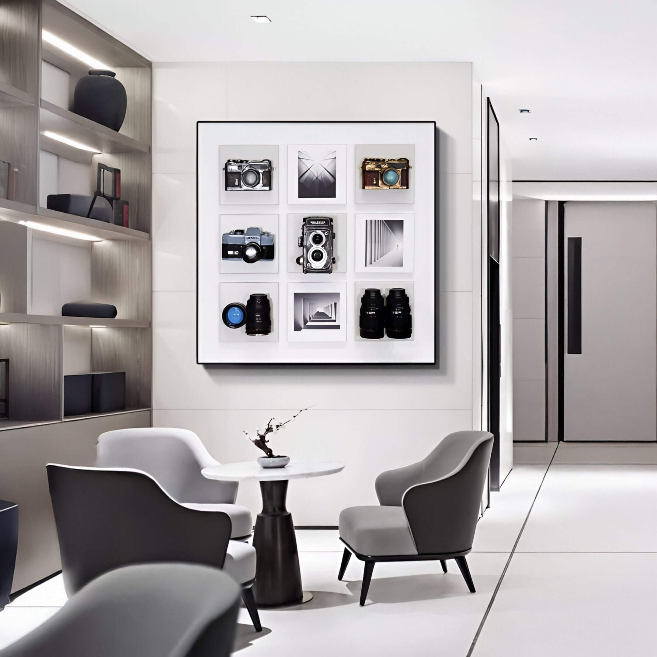 Framed wall art featuring vintage cameras and modern photography prints displayed in a contemporary lounge with grey chairs and minimal decor.