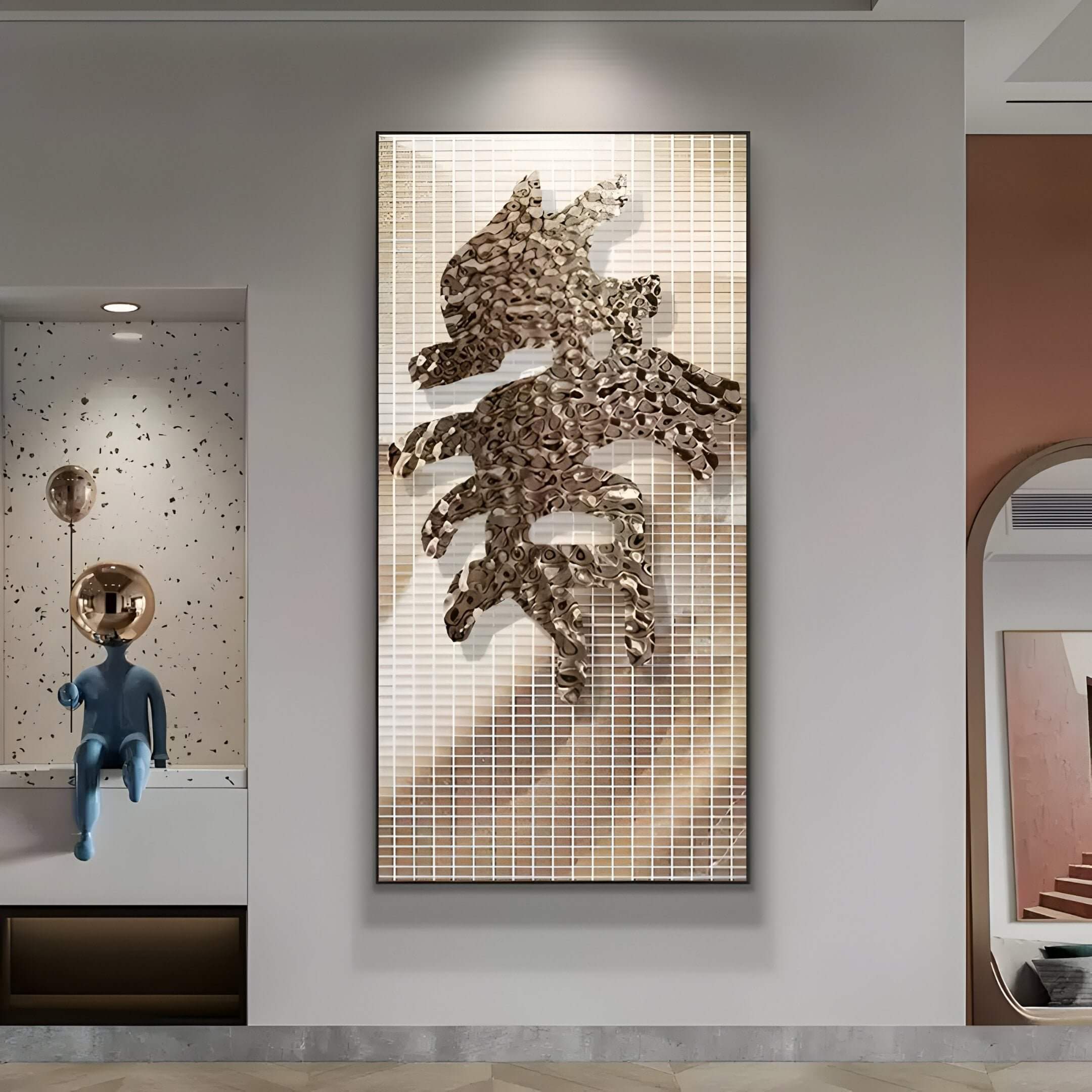 A modern hallway featuring a large vertical metal 3D wall art piece with an intricate organic design in bronze tones, set against a tiled backdrop, adding depth and texture to the space.