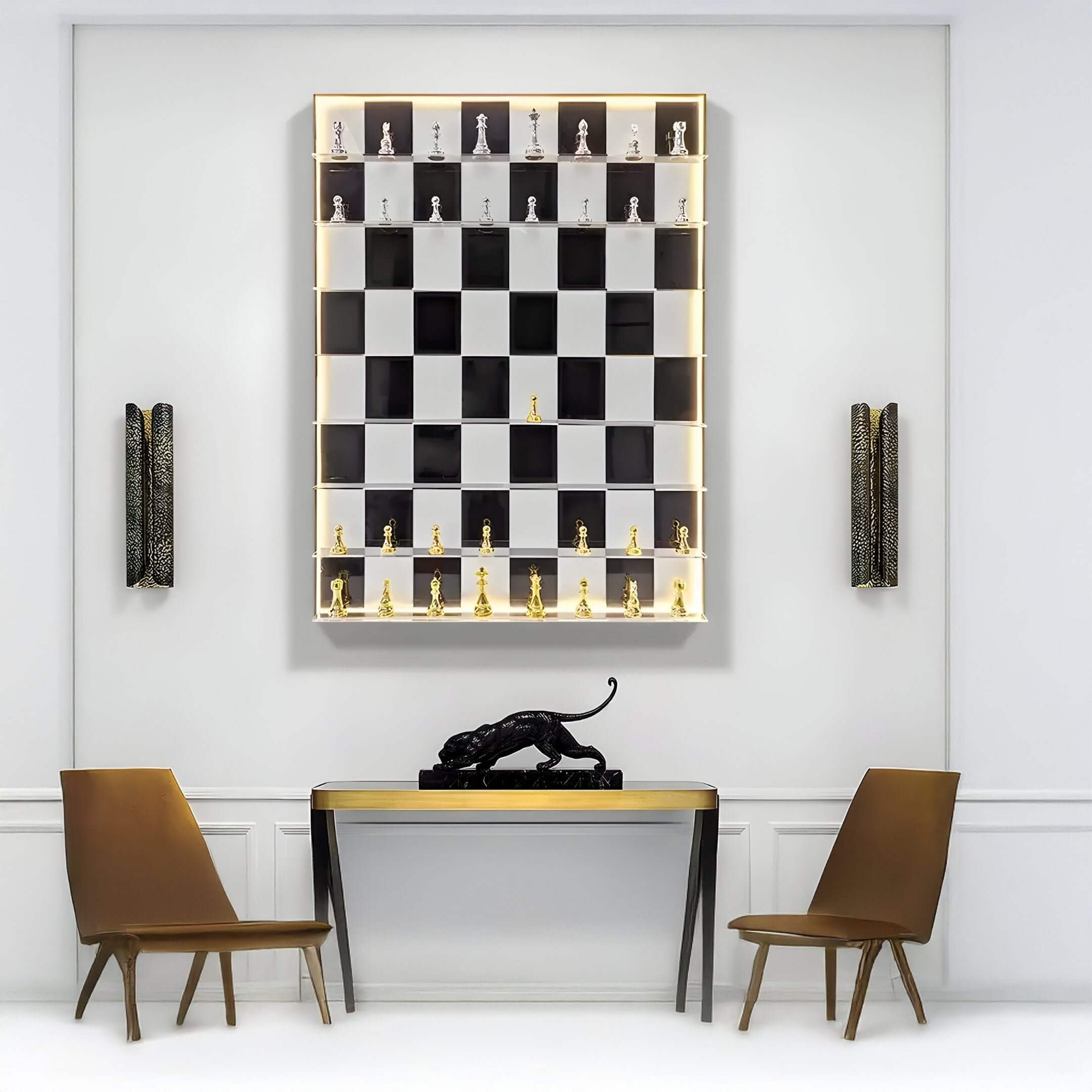 Black and white acrylic chessboard wall art with LED lighting, featuring gold and silver chess pieces, mounted above a console table with a black panther sculpture between two modern chairs.