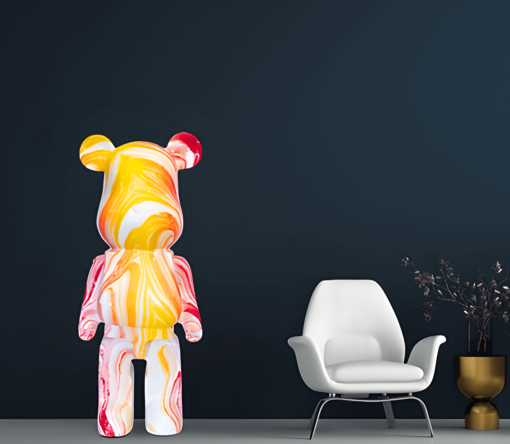 a dark blue home interior wall with a yellow and pink giant bear sculpture