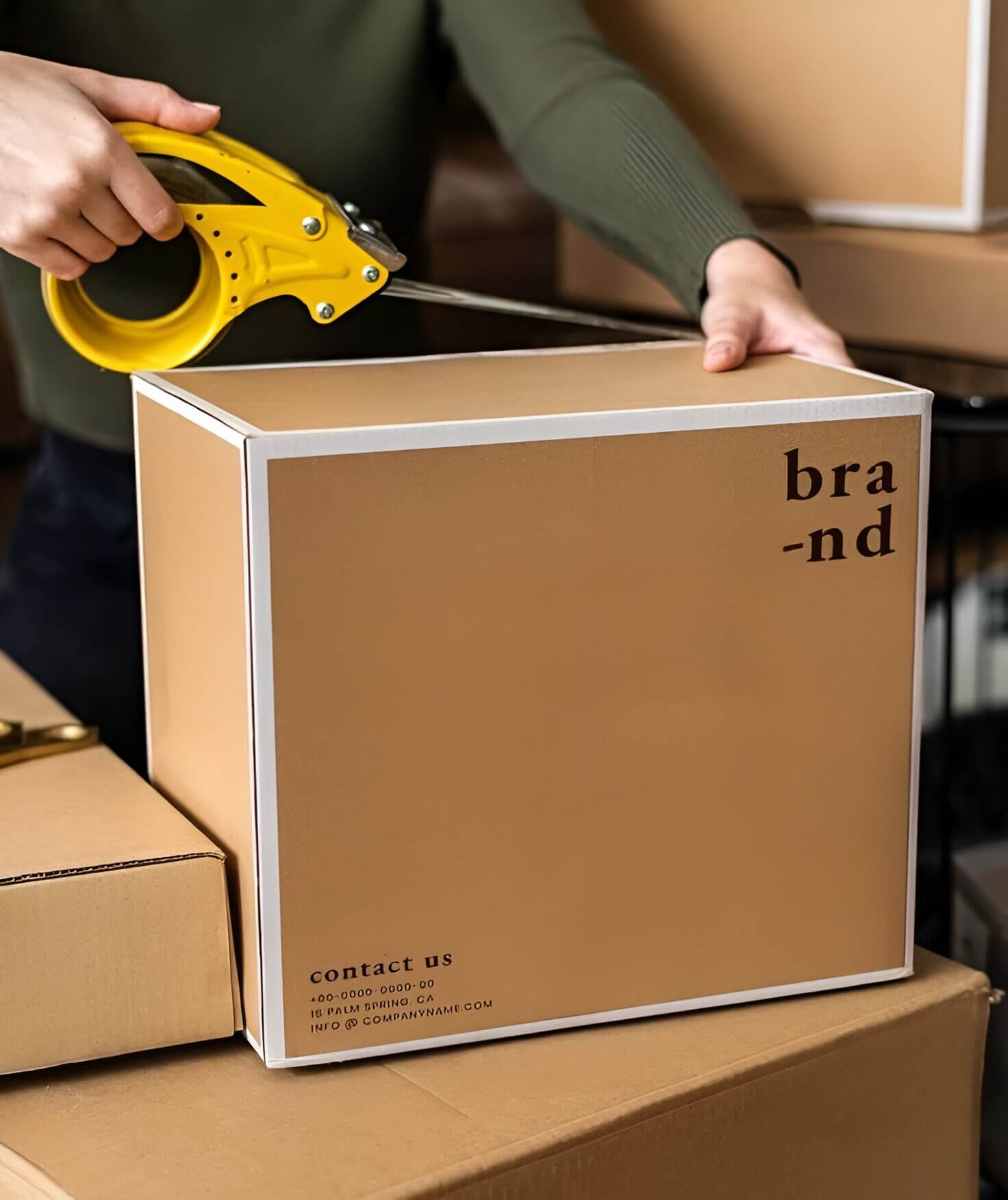 Person sealing a branded cardboard box with yellow packing tape in a workspace, emphasising packaging and shipping preparation.