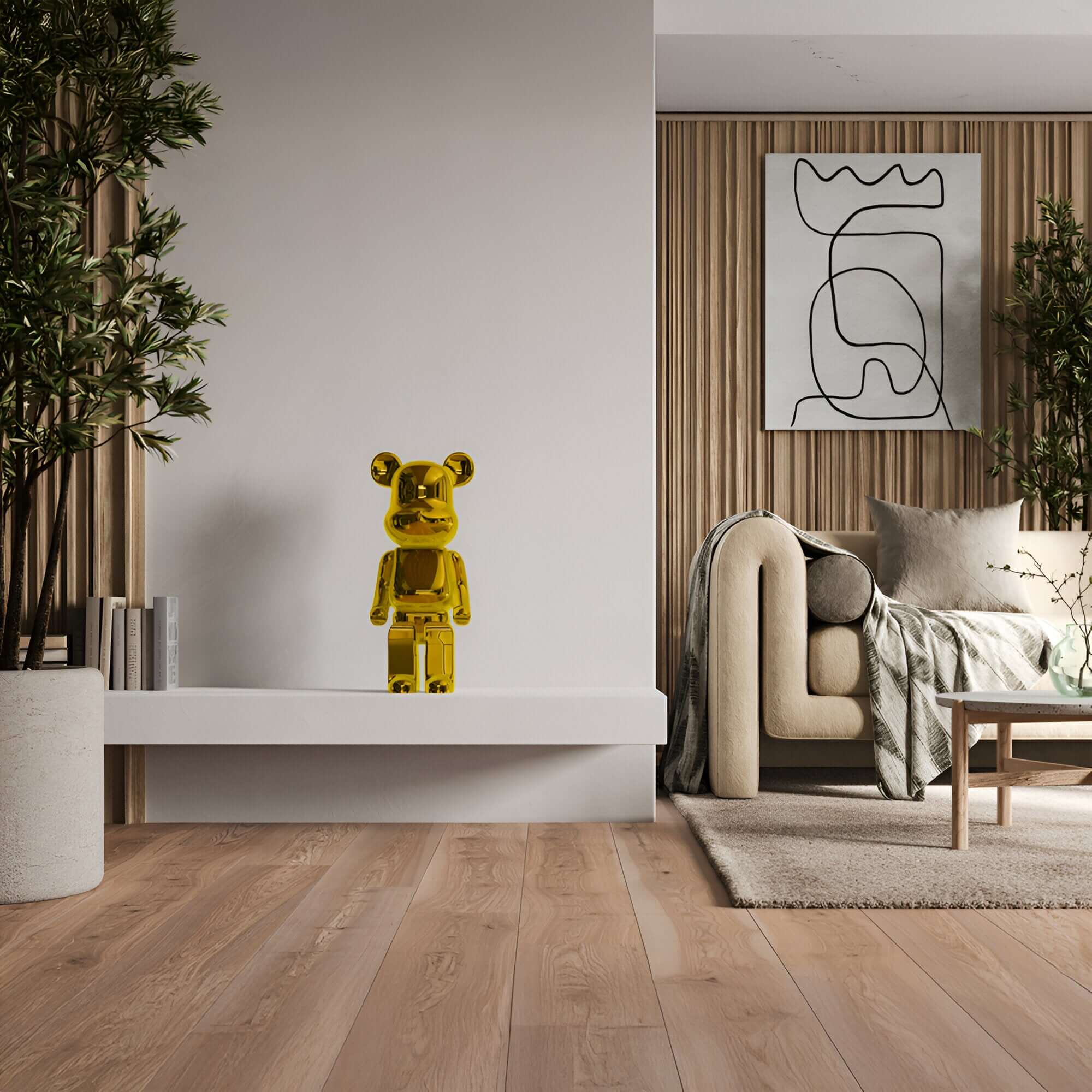 Stylish interior featuring a gold bear sculpture on a white console table, complemented by modern decor elements, a neutral-toned armchair, and wooden accent walls with greenery.