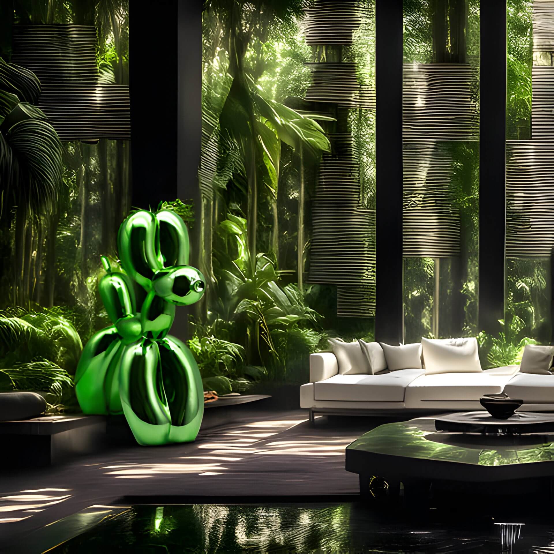 Giant green dog sculpture in a luxurious living space, harmonizing with the natural, forest-like interior design.