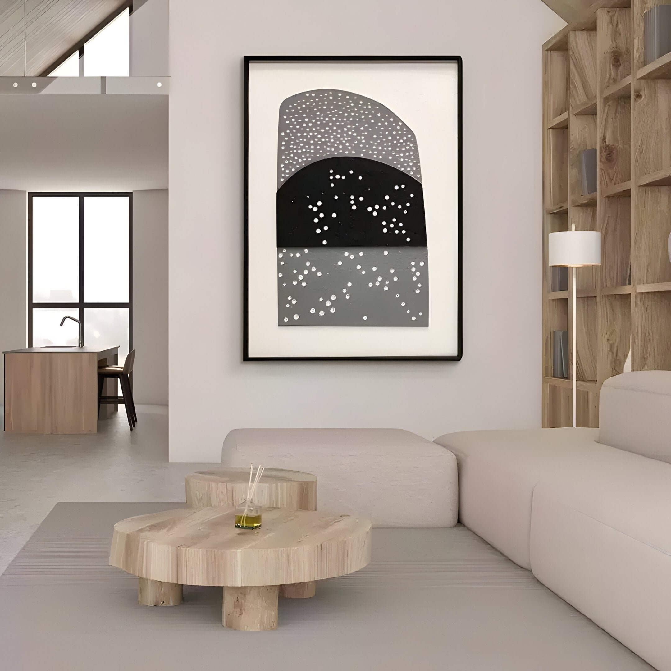 Framed monochrome 3D wall art with carved arch shapes and dotted frost pattern, styled in a modern minimalist living room with light wood accents and soft neutral tones.