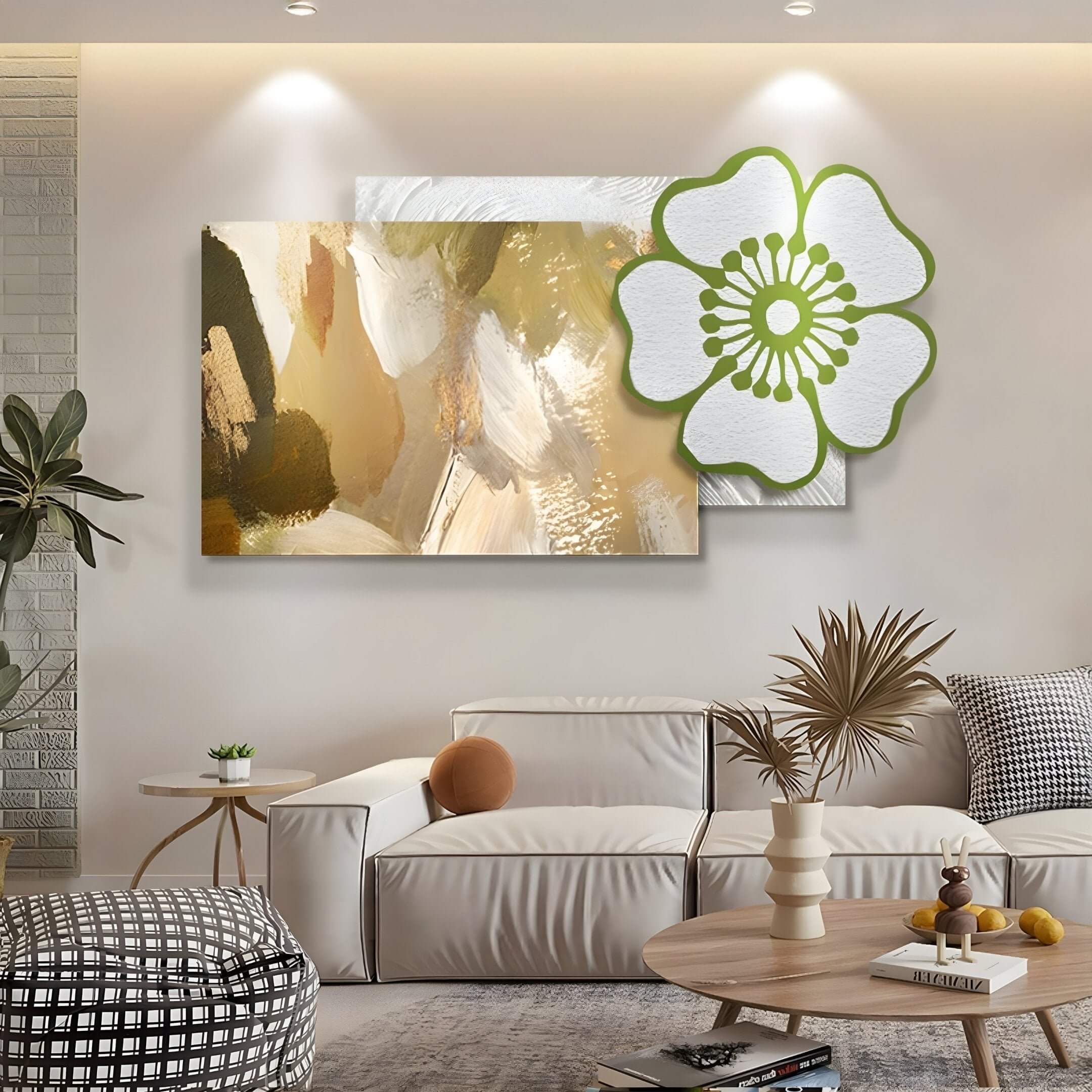 A modern living room featuring Bloomark Sandstone Floral Abstract Texture 3D Wall Art, a layered composition combining soft neutral brushstrokes with a large sculpted green-outlined flower for a refined organic accent.