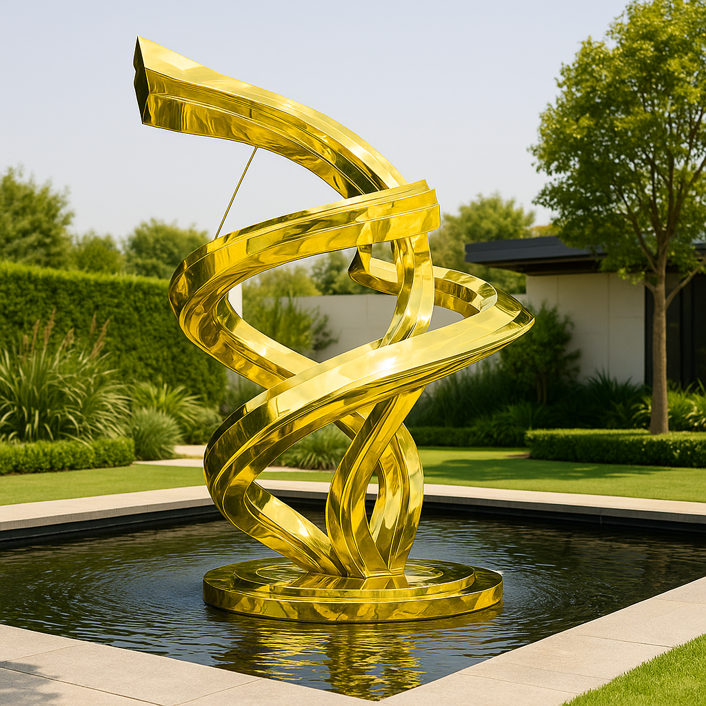 Large gold abstract steel sculpture with twisting ribbon-like design displayed outdoors in a landscaped garden water feature.