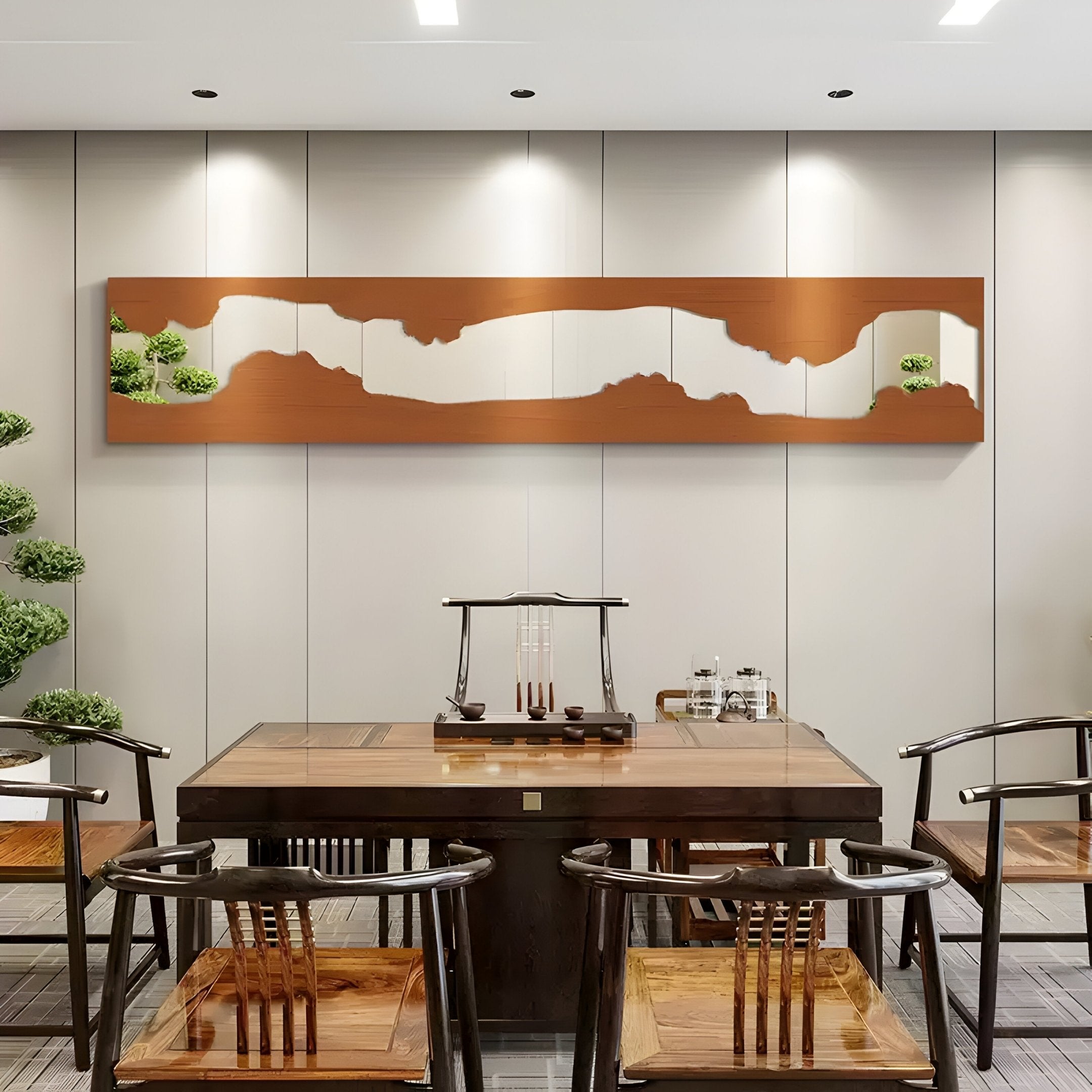 Elegant dining room with wooden furniture and panoramic landscape wall art featuring greenery.