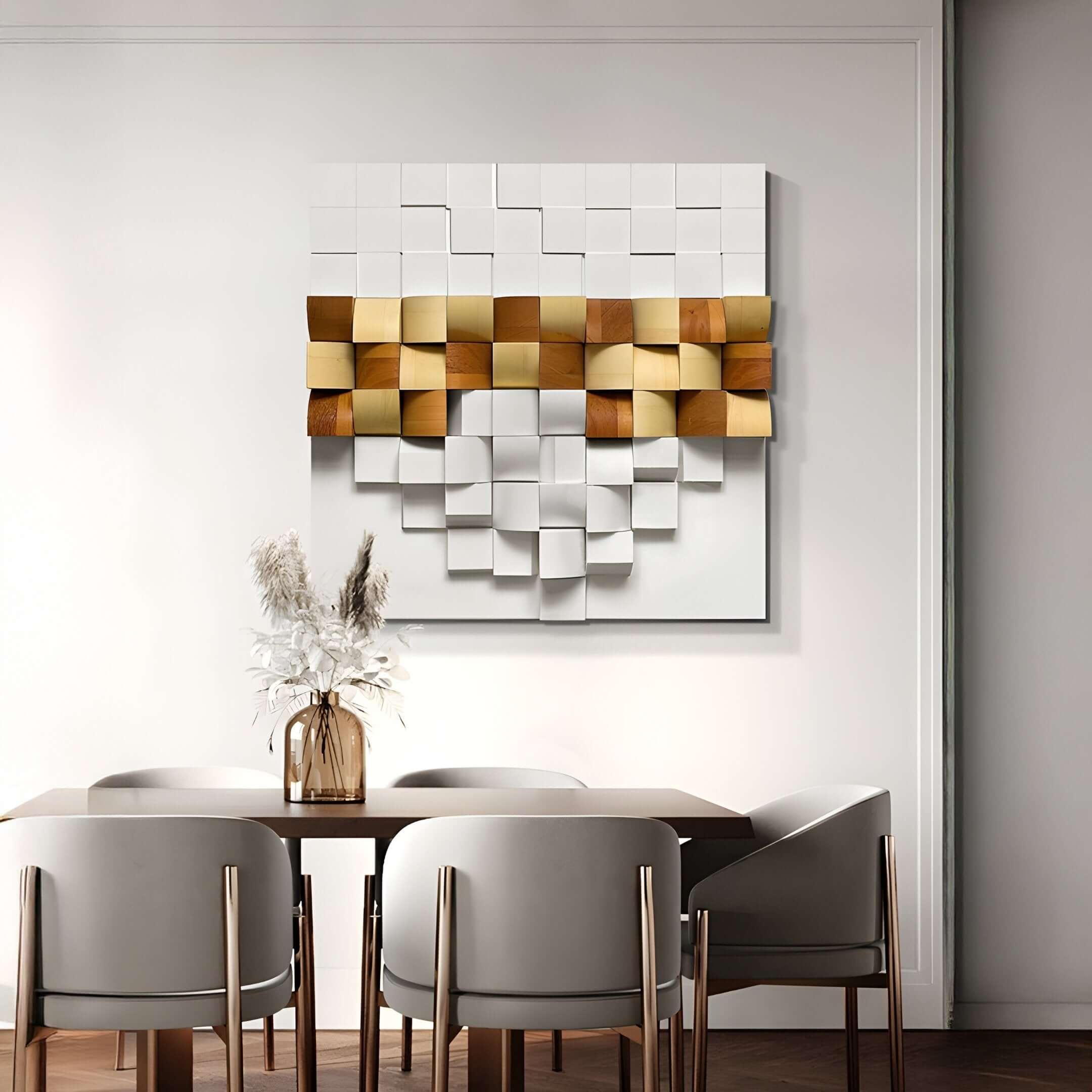 Minimalist dining area with a geometric white and gold wall sculpture.