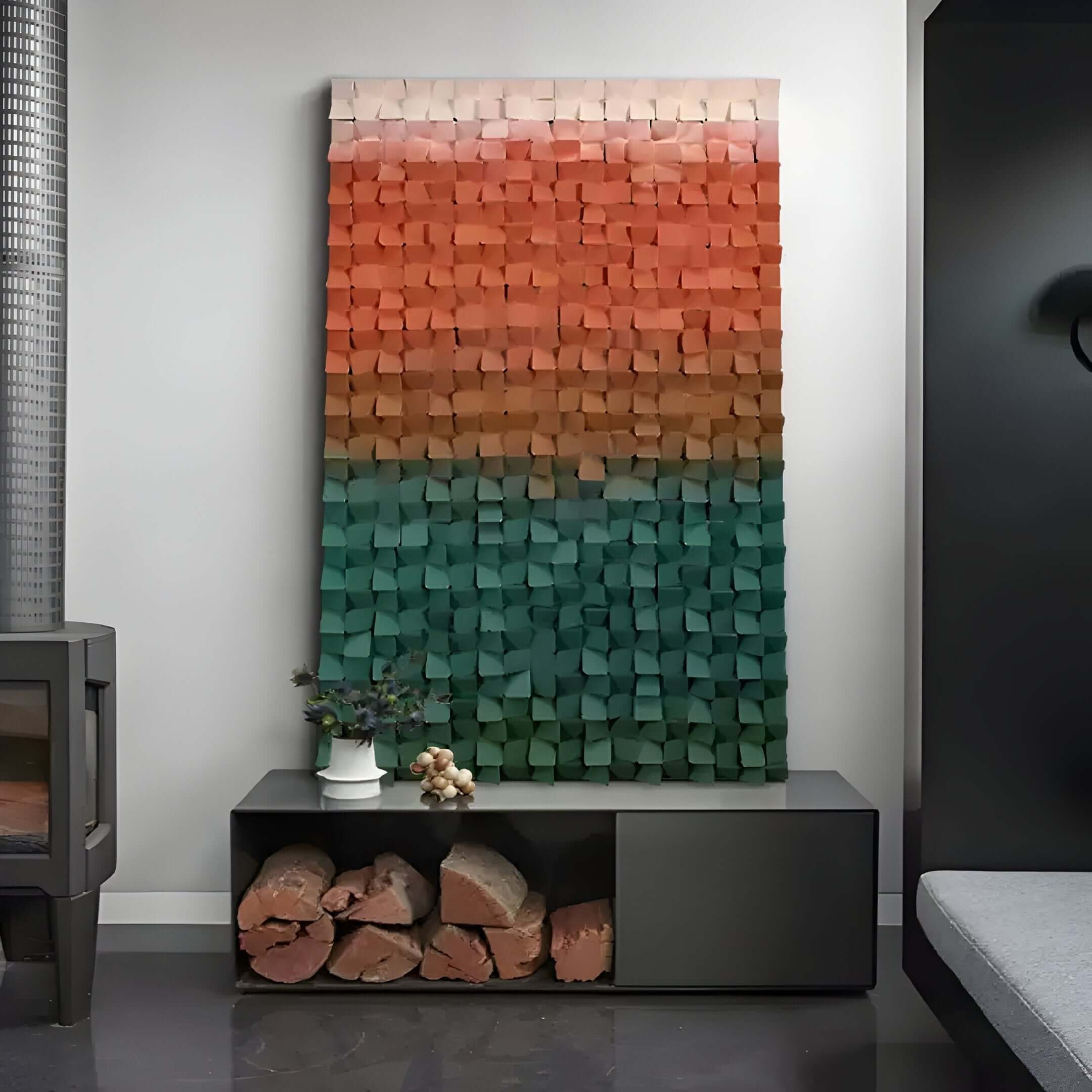 Abstract textured gradient wall art with warm and cool tones in a cozy setting.