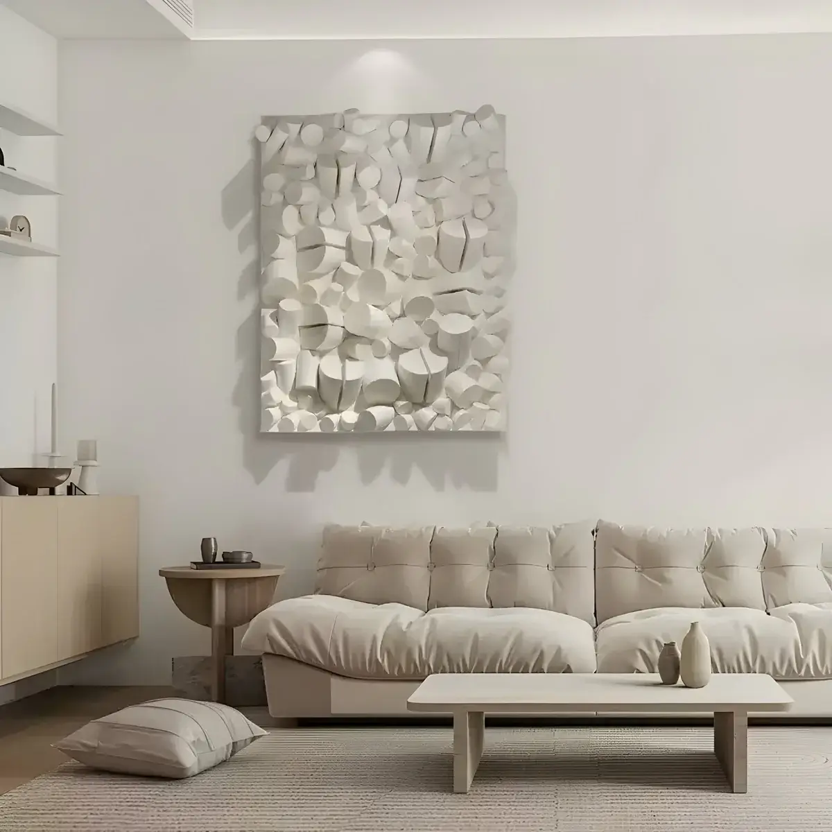 A white, sculptural wall art piece with flowing, organic shapes and textures, displayed above a beige sofa with neutral-toned décor and minimalistic furnishings in a modern living room.