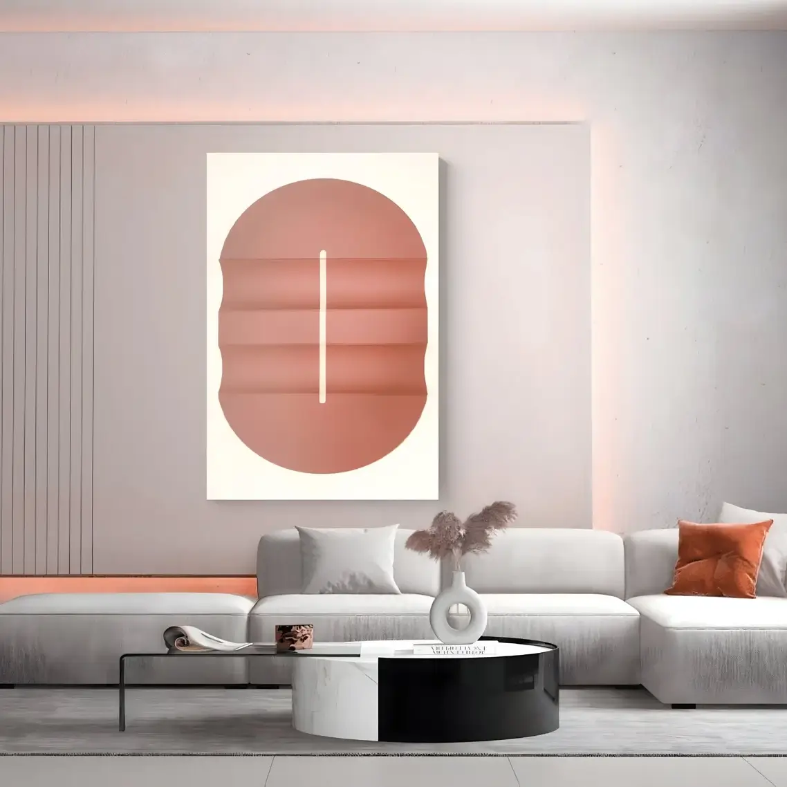  A modern interior with a minimalist abstract wall art piece in soft terracotta hues, complementing the neutral-toned furnishings.