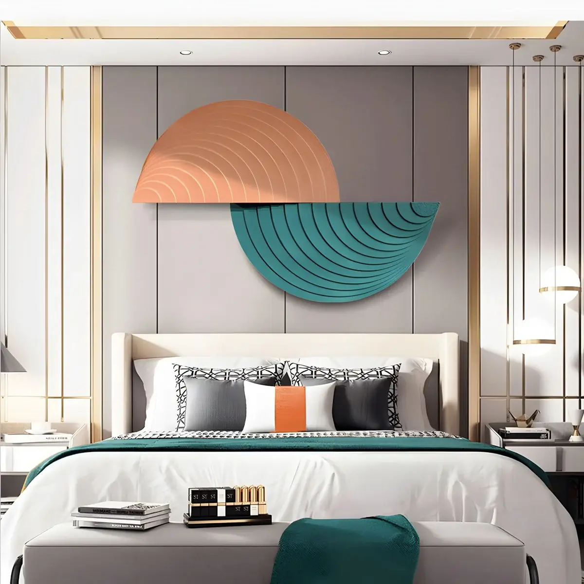 Abstract teal and coral wall art above a bed in a modern bedroom with a neutral-colored headboard and white bedding, creating a serene and visually appealing focal point.