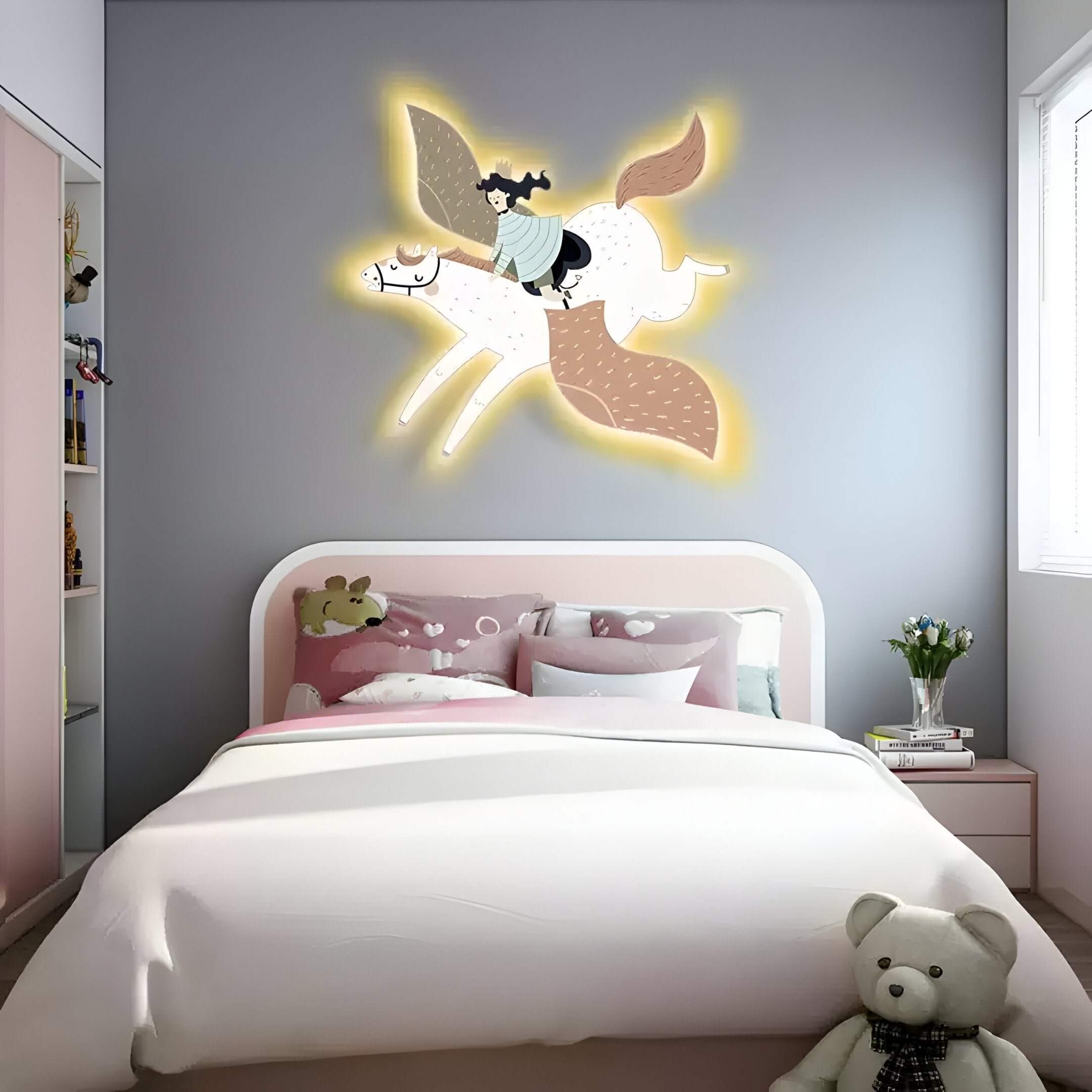 Cozy kids’ bedroom with glowing wall art of a flying horse and rider above a pink and white bed.