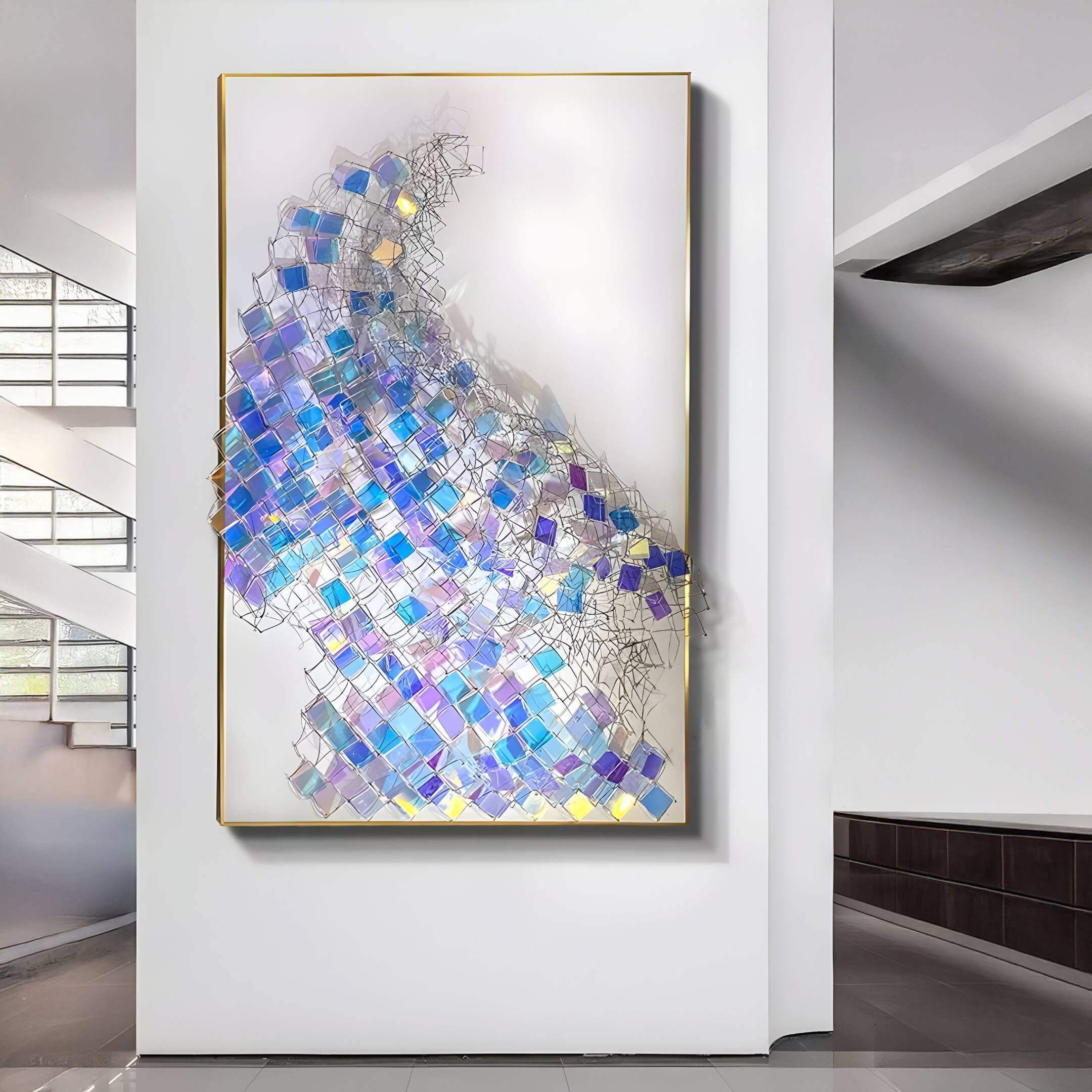 Prismara Azure Wave Iridescent Mesh 3D Acrylic Wall Art displayed in a wide hallway, featuring shimmering blue and purple geometric panels with metallic mesh details, framed in gold.