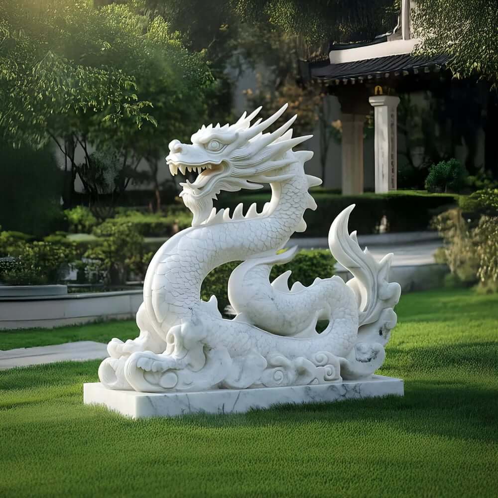 White marble dragon sculpture with intricate scales on a plinth in a manicured garden, with a traditional pavilion in the background.