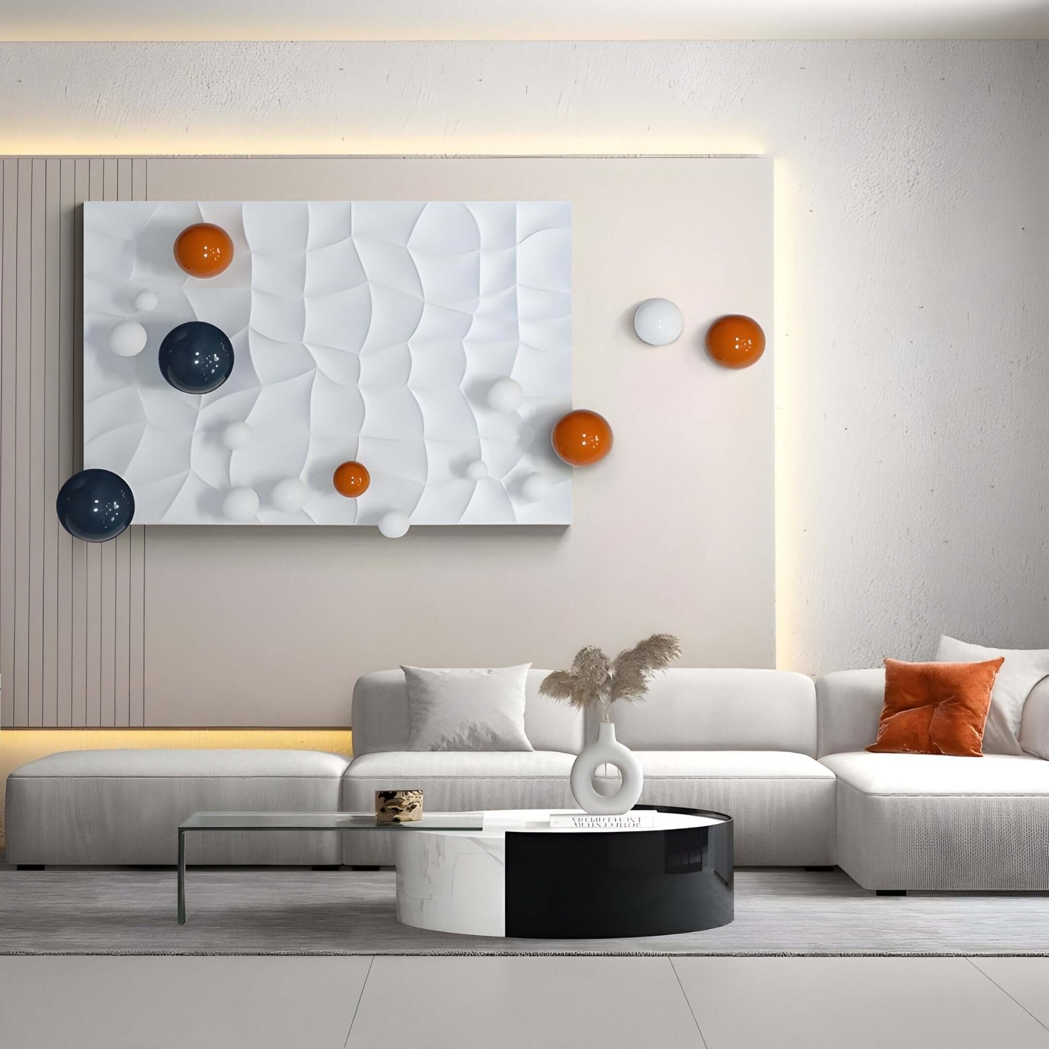Contemporary white 3D wall art with floating spheres in a neutral-toned living room.