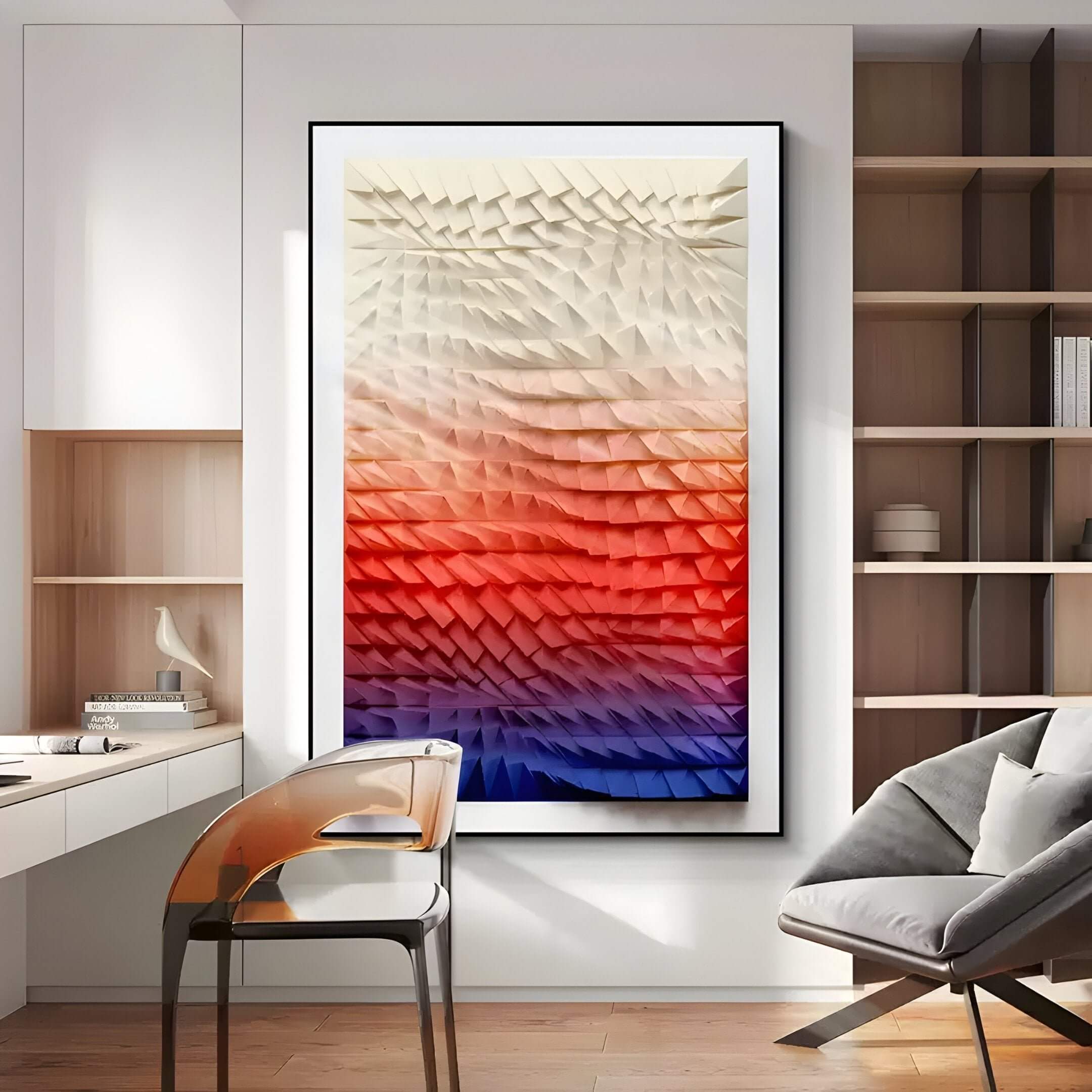 A minimalist room showcases the Elorium Sunset Gradient Hand-Painted Wood Relief 3D Wall Art by Giant Sculptures, displaying beige, red, and blue. Nearby, a modern chair and desk complement wooden shelves and soft lighting to enhance the cozy atmosphere.