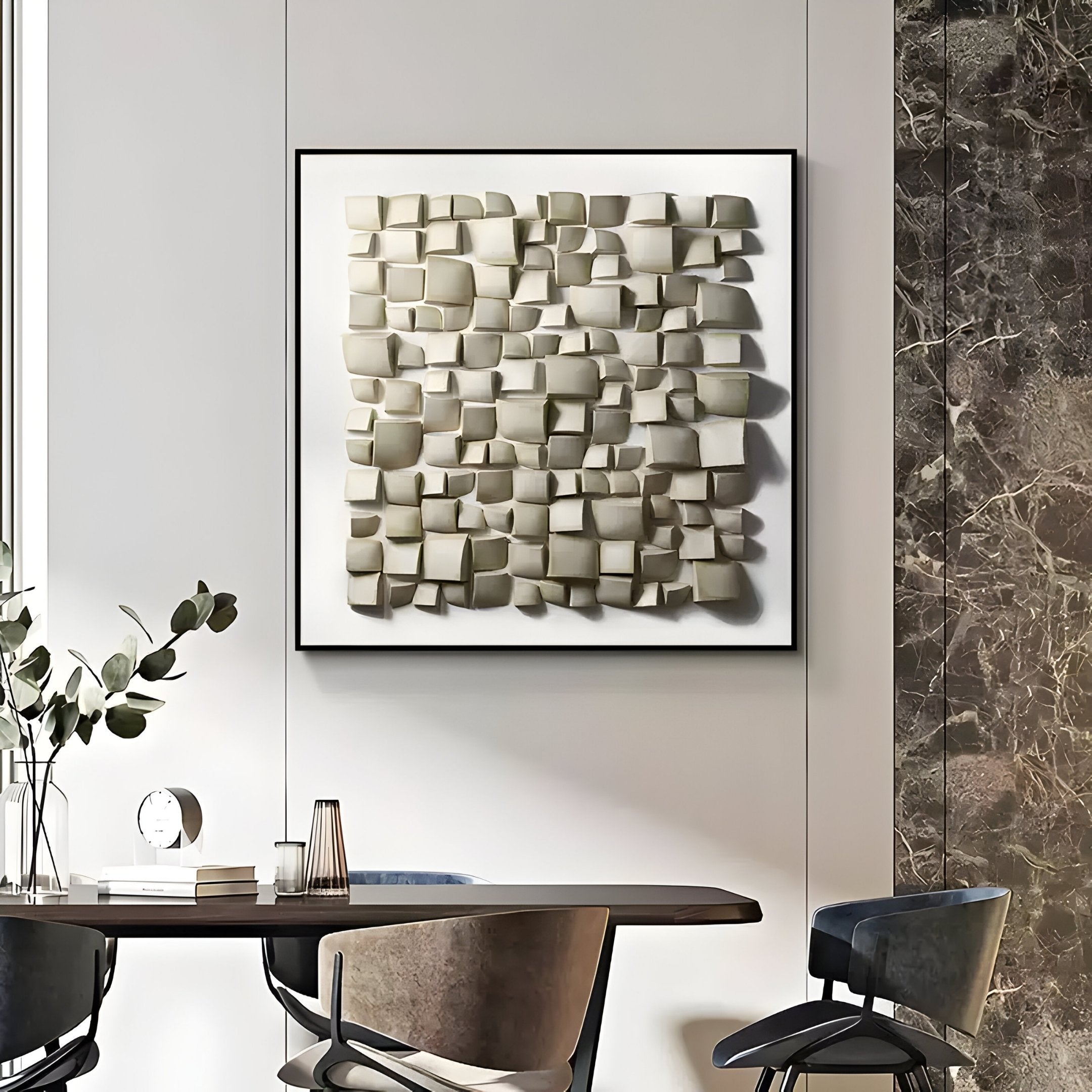 Contemporary dining area with textured 3D abstract wall art in a neutral color palette.