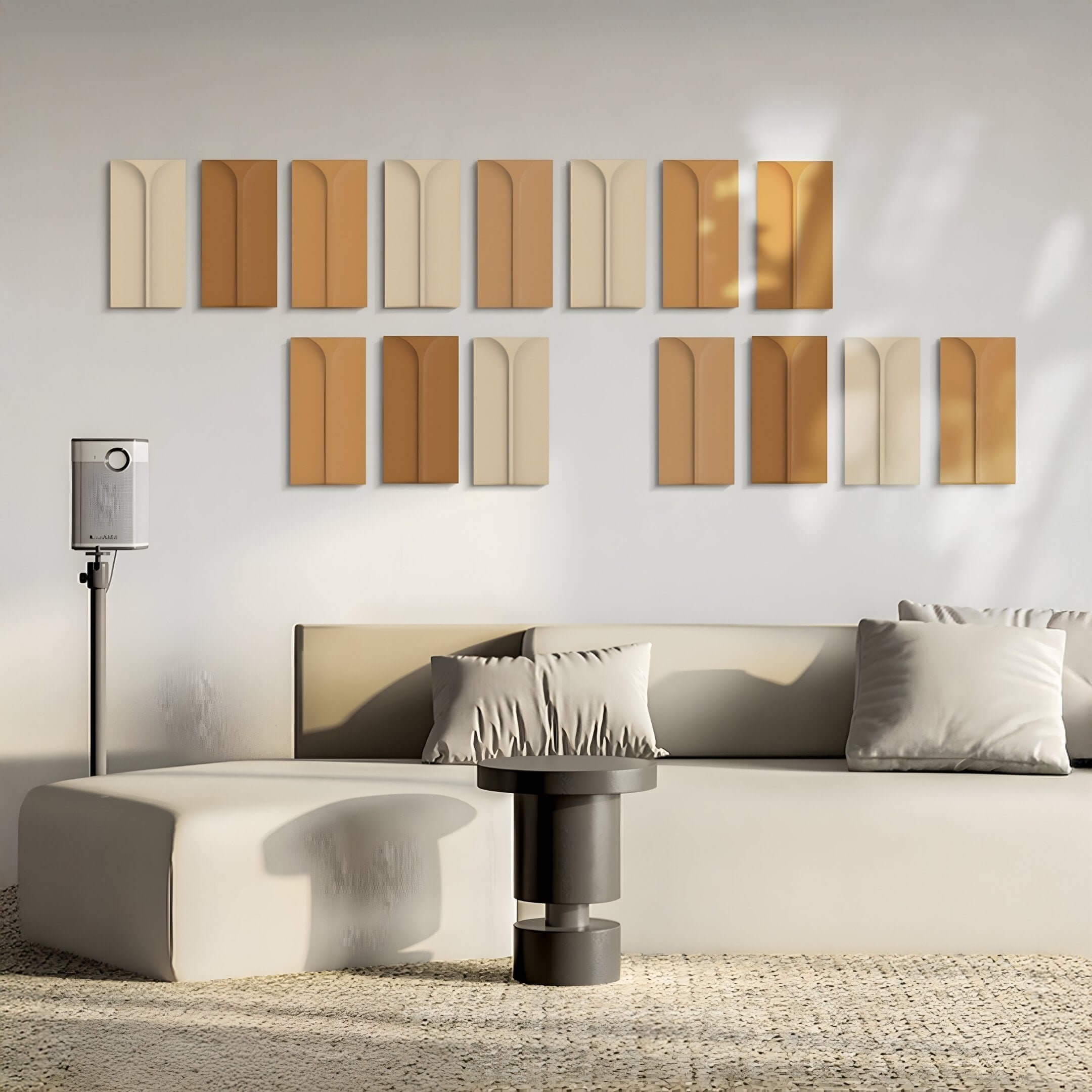 A modern living room with neutral tones features a beige sofa, soft cushions, and the Eximia Earthy Tones Multi-Panel Wood Relief 3D Wall Art by Giant Sculptures. A unique black side table and soft lighting enhance the ambiance, while an air purifier maintains serenity.