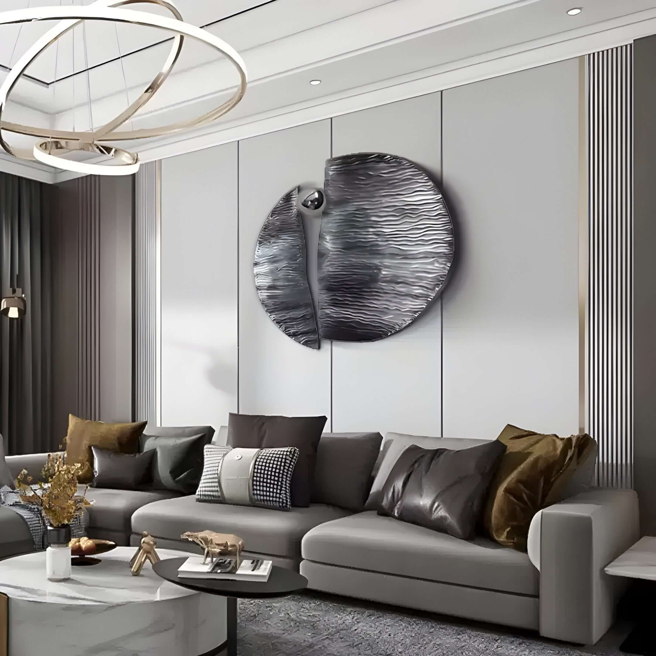 Elegant living room featuring a large metallic circular wall sculpture.