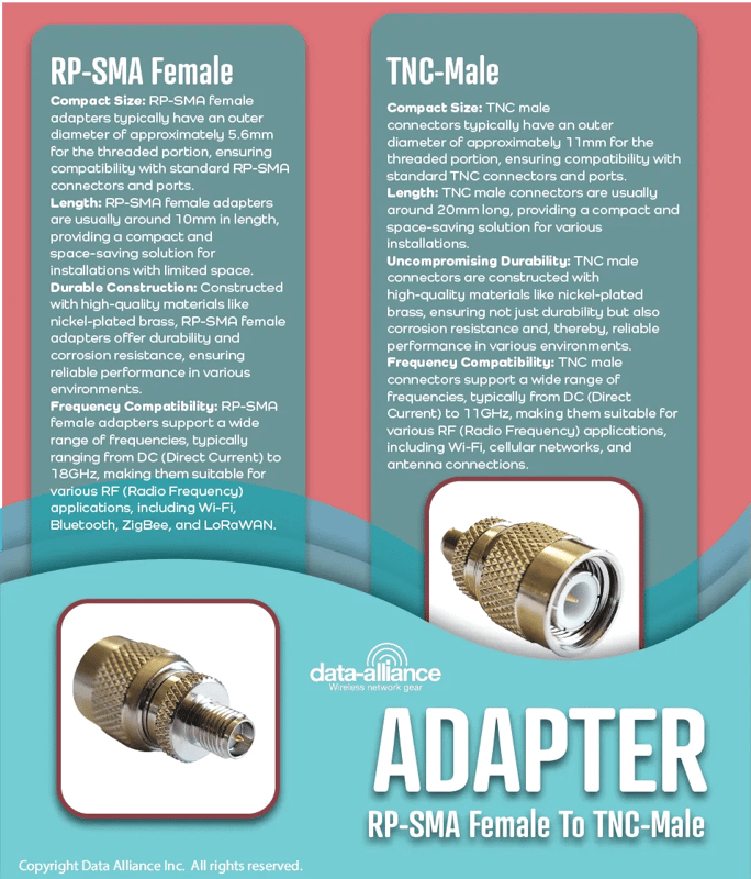 RP-SMA Connecteur adaptateur femelle vers TNC-mâle ; Une extrémité est équipée d'un connecteur femelle RP-SMA et de l'autre d'un connecteur mâle TNC